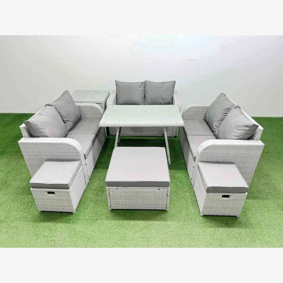 Fimous 9-Seater Rattan Garden Dining Set with Reclining Armchairs - Light grey rattan with dark grey fabric – image 1