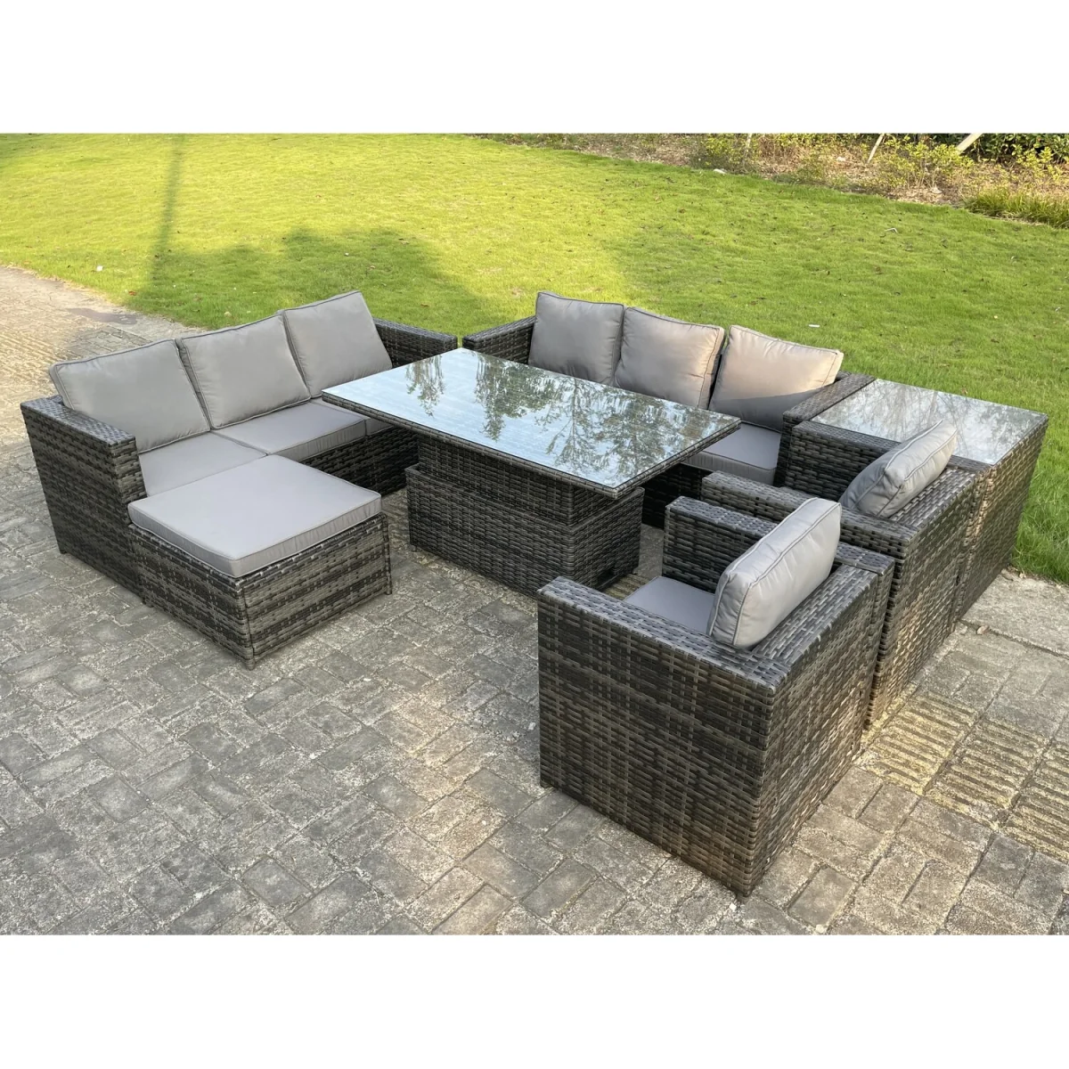 9 Seater¿Outdoor Rattan Garden Furniture Rising Table Dark Grey Mixed - Dark Grey Mixed – image 4