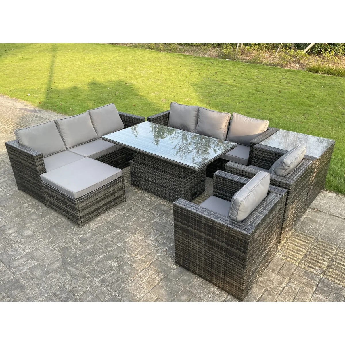 9 Seater¿Outdoor Rattan Garden Furniture Rising Table Dark Grey Mixed - Dark Grey Mixed – image 5