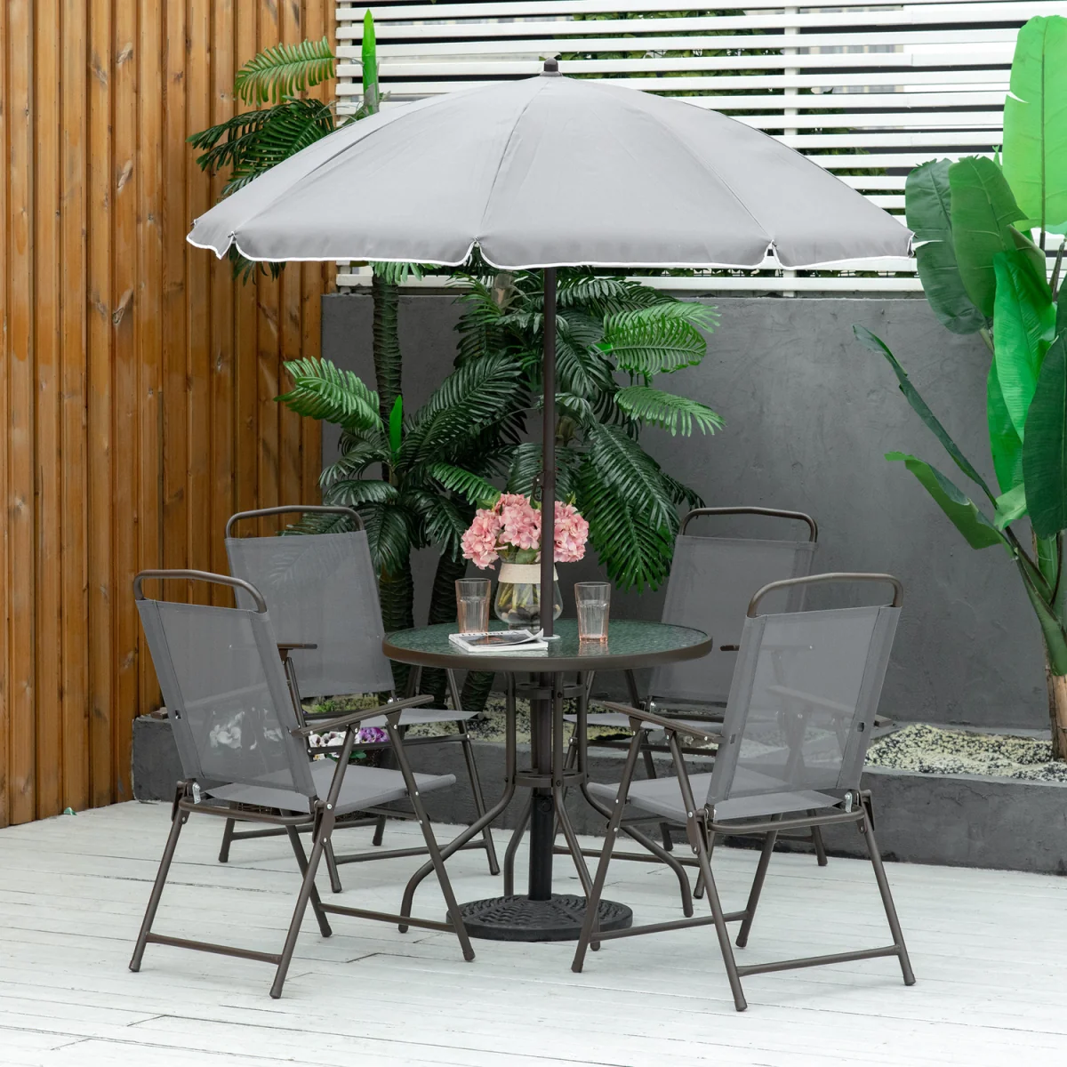 6 Piece Garden Dining Set with Umbrella - Grey – image 1