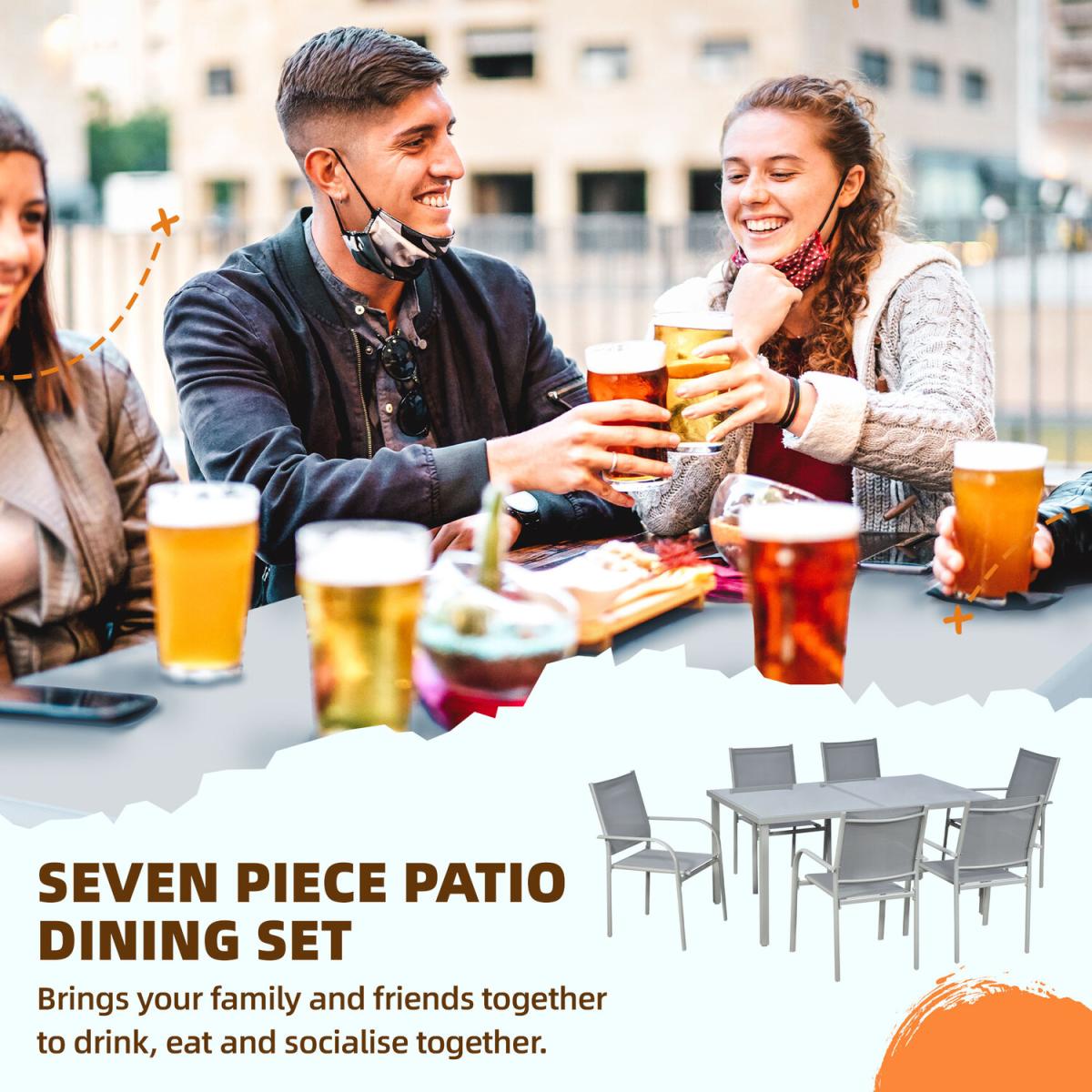 6 Seater Garden Dining Set, Outdoor Table and Stackable Chairs - Grey – image 3