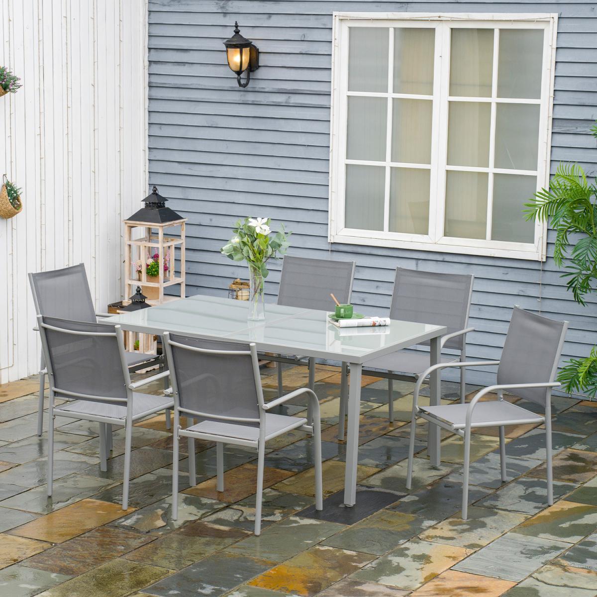 6 Seater Garden Dining Set, Outdoor Table and Stackable Chairs - Grey – image 1