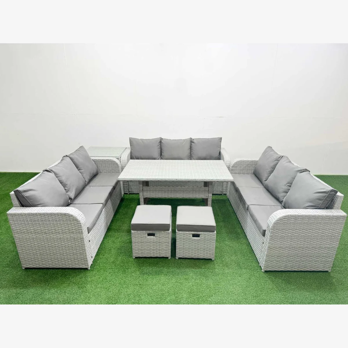 Fimous 11-Seater PE Rattan Outdoor Lounge & Dining Set Light Grey - Light grey PE rattan with dark grey fabric – image 1