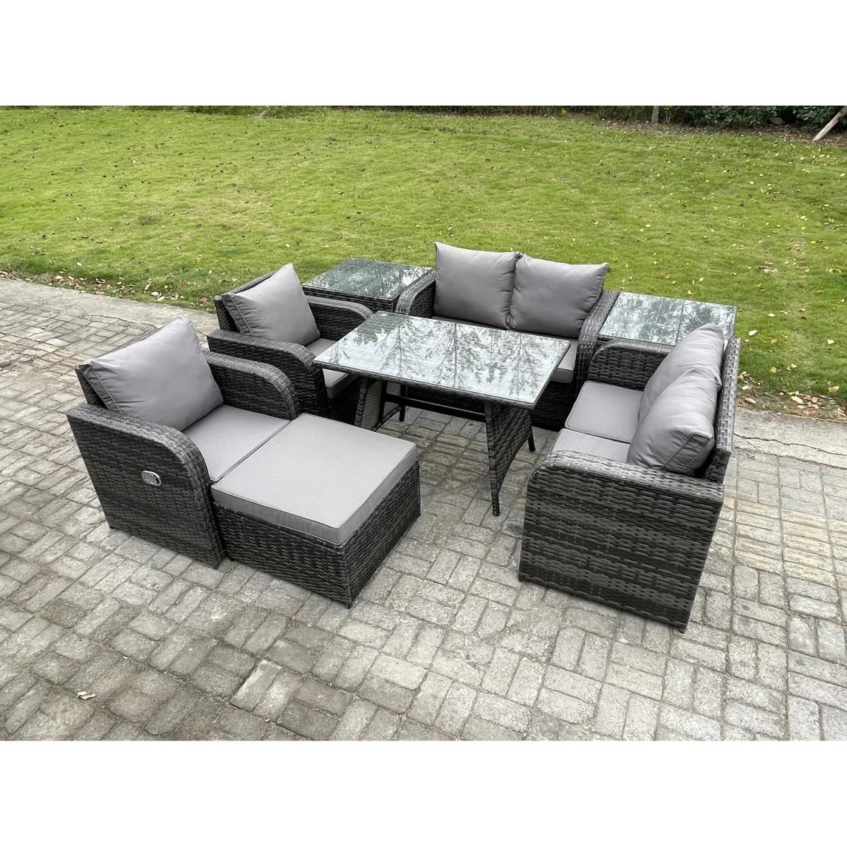 Fimous 7-Seater PE Rattan Outdoor Dining Set with Reclining Chairs - Dark Grey - Dark Grey Mixed – image 4