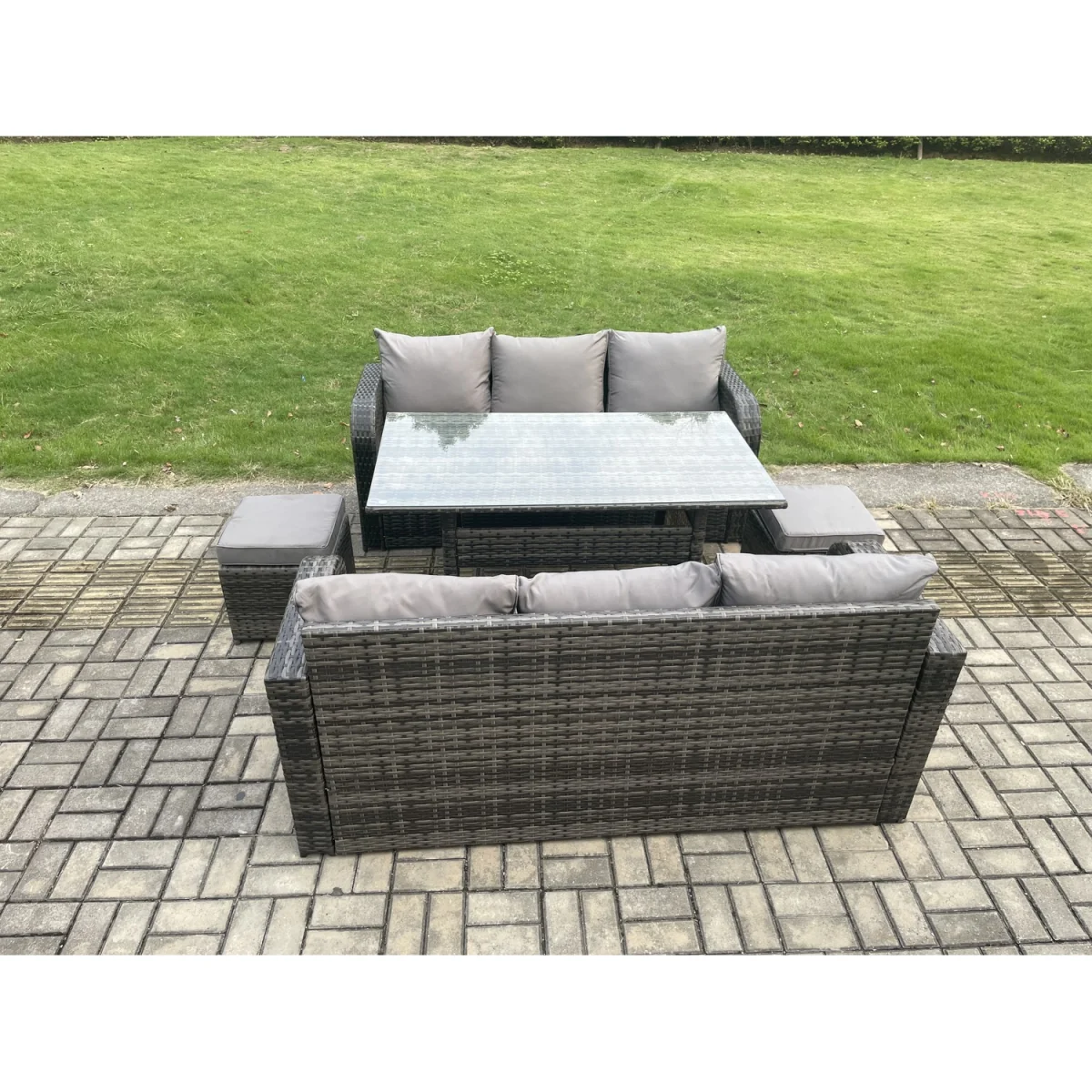 Fimous 8-Seater Outdoor Rattan Lounge and Dining Set with Rectangular Table. - Dark Grey Mixed – image 4
