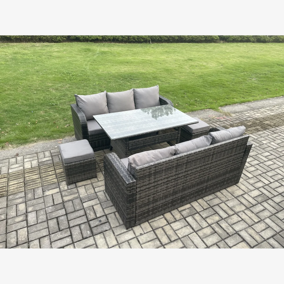 Fimous 8-Seater Outdoor Rattan Lounge and Dining Set with Rectangular Table. - Dark Grey Mixed – image 1