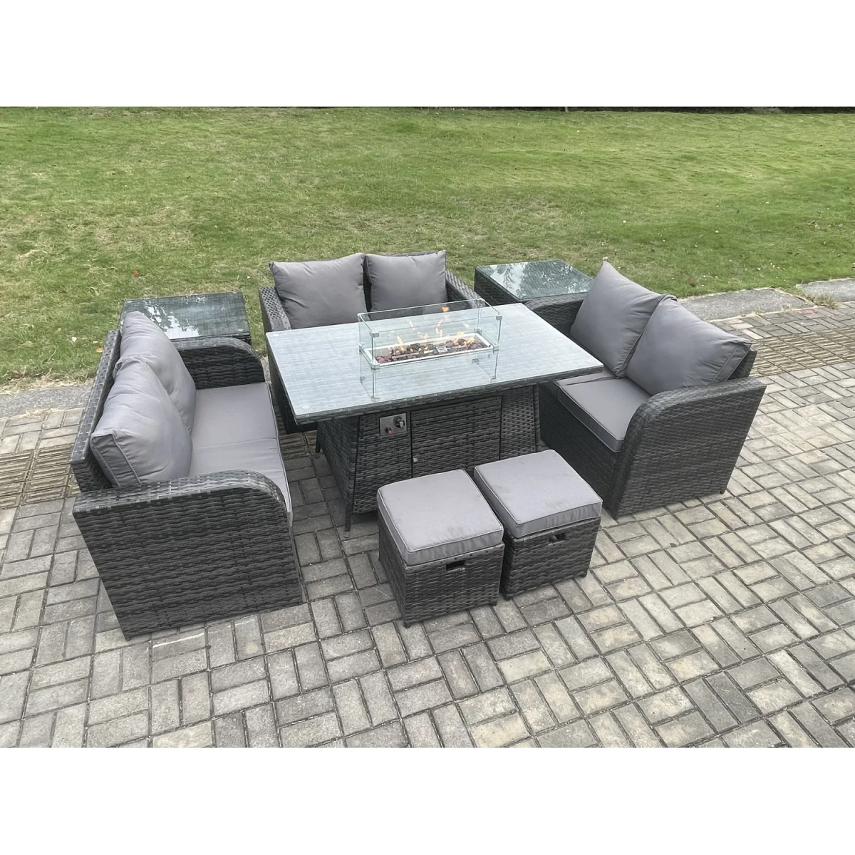 Fimous 8 Seater Outdoor Rattan Dining Set with Gas Fire Pit, Dark Grey Mixed. - Dark Grey – image 2
