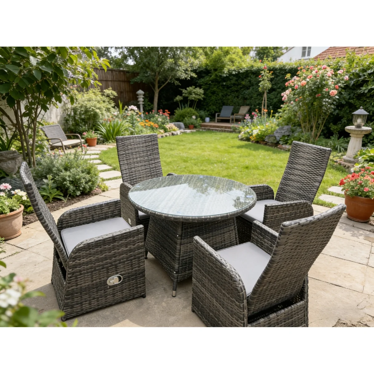 Outdoor Wicker Rattan Reclining Chair Table Dining Set 4 Seater Round Table – image 2