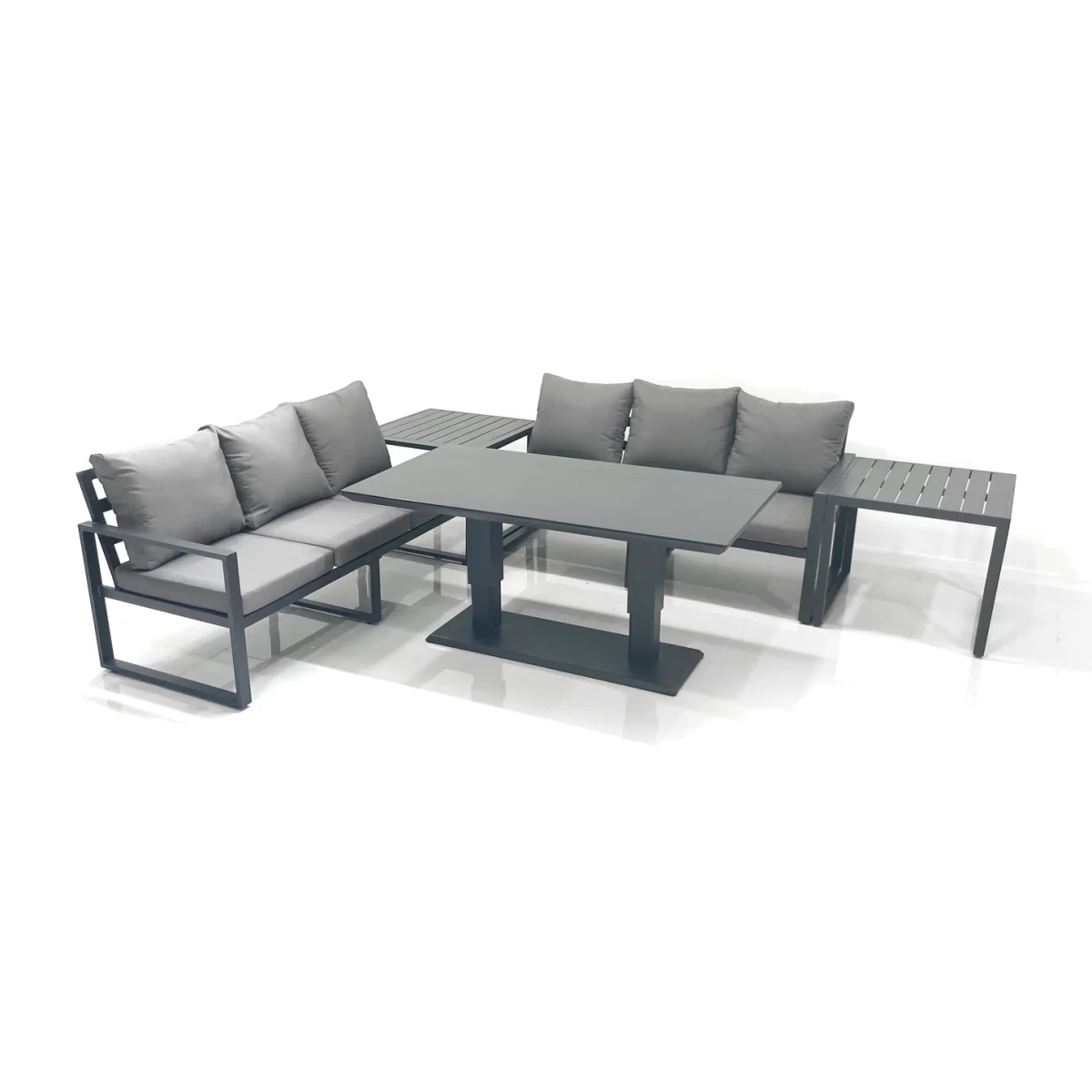 Fimous 6 Seater Aluminium Outdoor Garden Furniture Set with Adjustable Rising Table, Dark Grey. - Dark grey powder coated with dark grey fabric – image 1