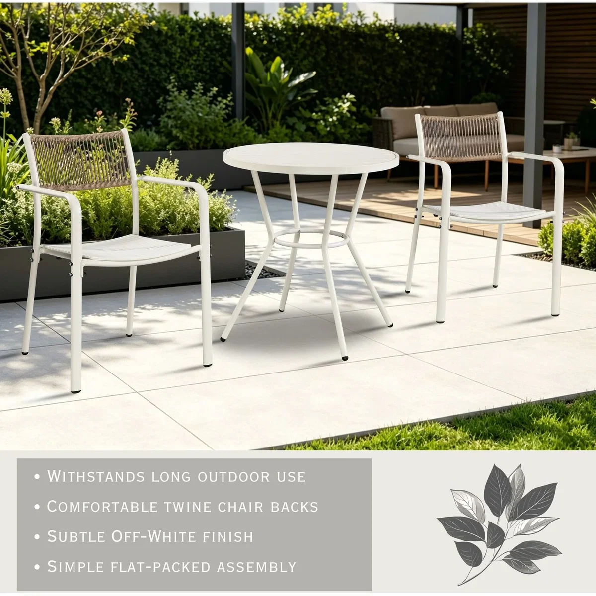 3 Piece Round Garden Bistro Set, Pair of Rope Back Armchairs, Plastic Table - White – image 4