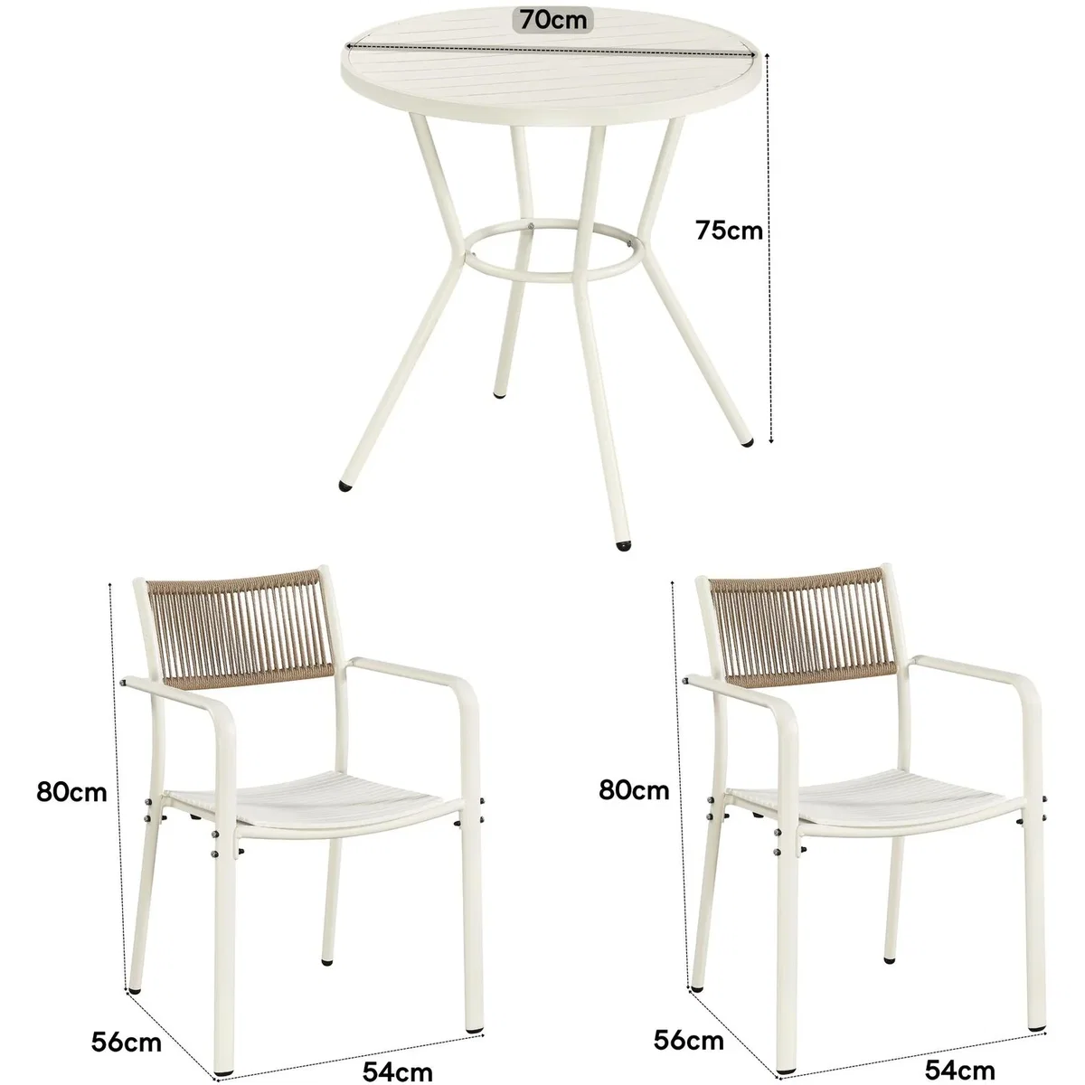 3 Piece Round Garden Bistro Set, Pair of Rope Back Armchairs, Plastic Table - White – image 5