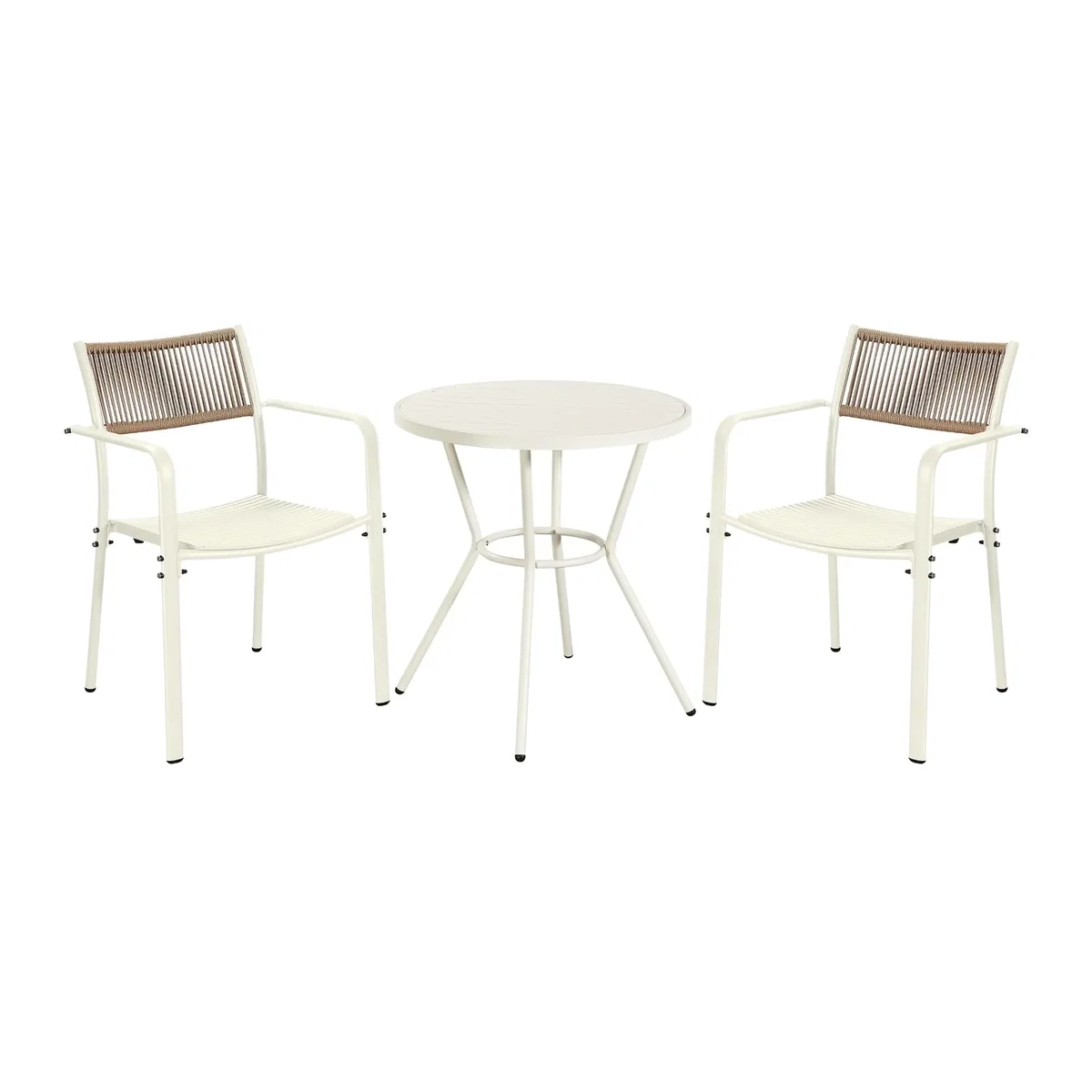 3 Piece Round Garden Bistro Set, Pair of Rope Back Armchairs, Plastic Table - White – image 1
