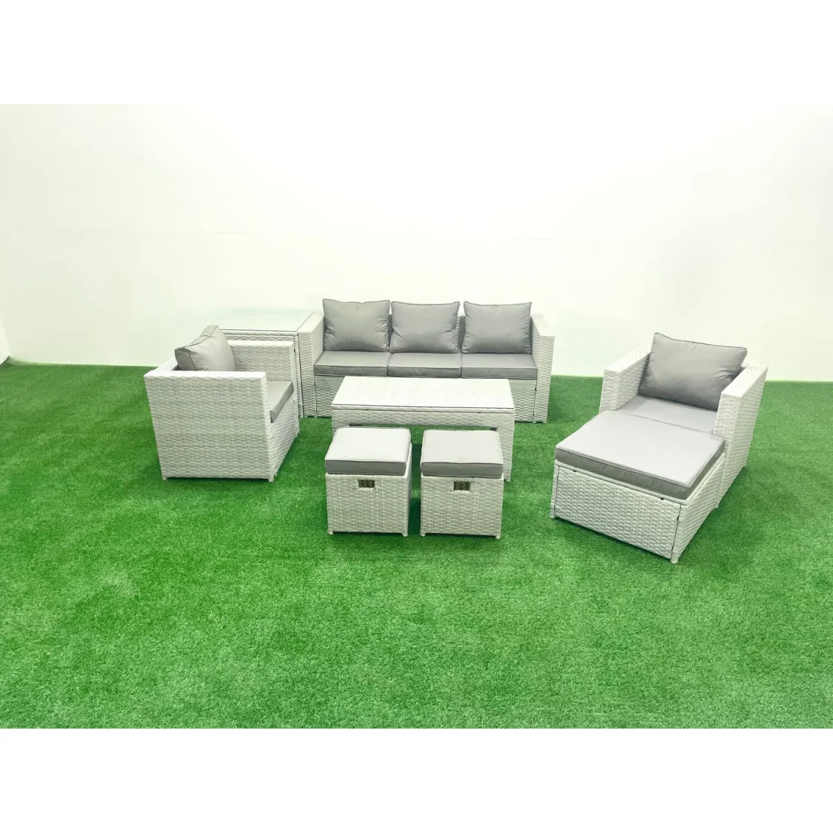 Fimous Rattan Garden Furniture Set, 8-Seater with Tempered Glass Oblong Table, Light Grey. - Light grey mixed rattan with dark grey fabric – image 5