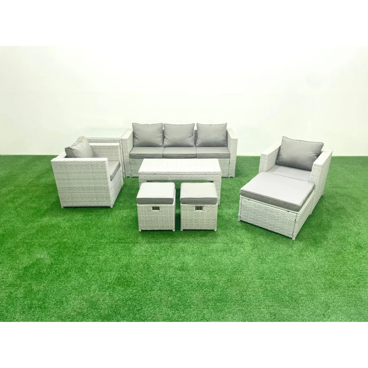 Fimous Rattan Garden Furniture Set, 8-Seater with Tempered Glass Oblong Table, Light Grey. - Light grey mixed rattan with dark grey fabric – image 1