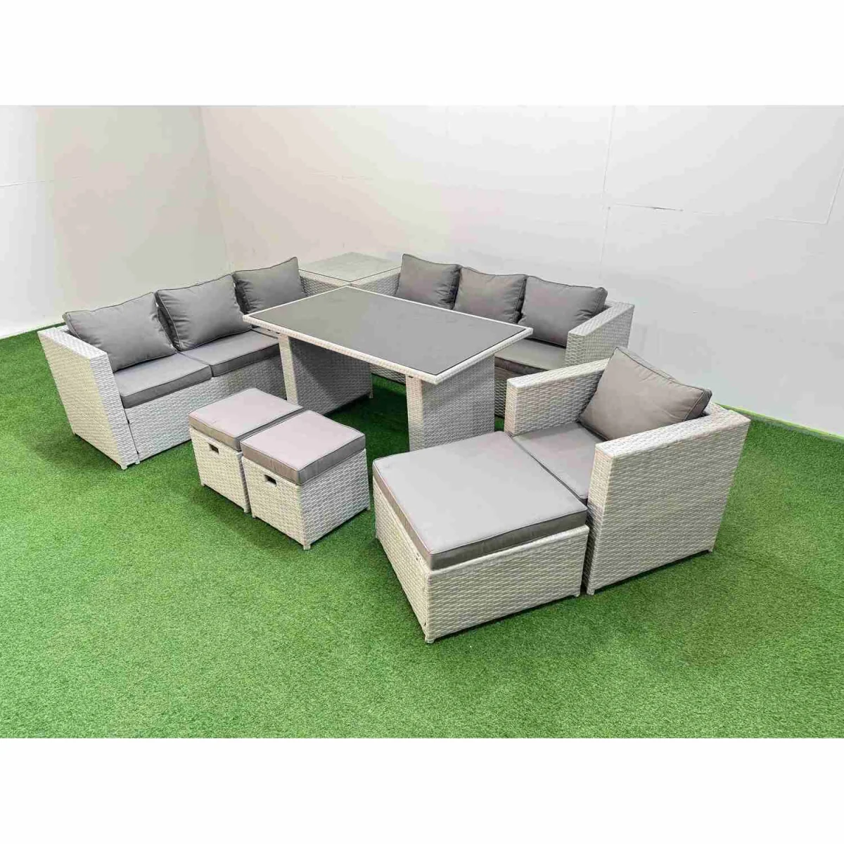 Fimous Patio 10-Seater PE Rattan Set with Glass Table - Light Grey Mixed – image 2