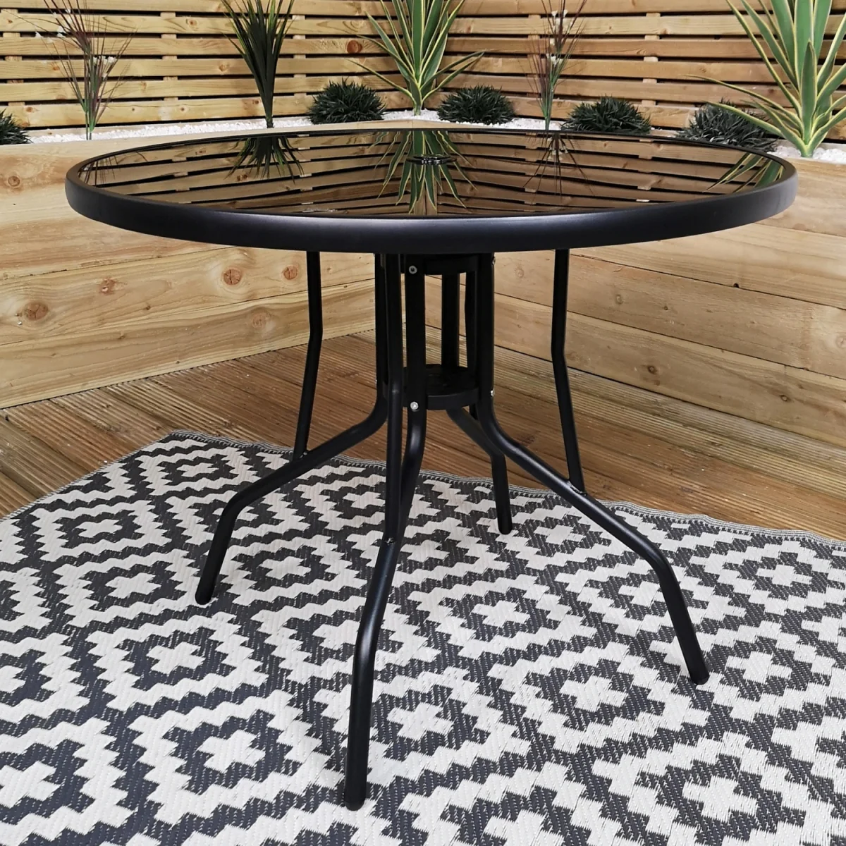 Outdoor 4 Person Round Glass Top Garden Dining Table Chairs With Blue Banana Parasol and Base Set - Black – image 2