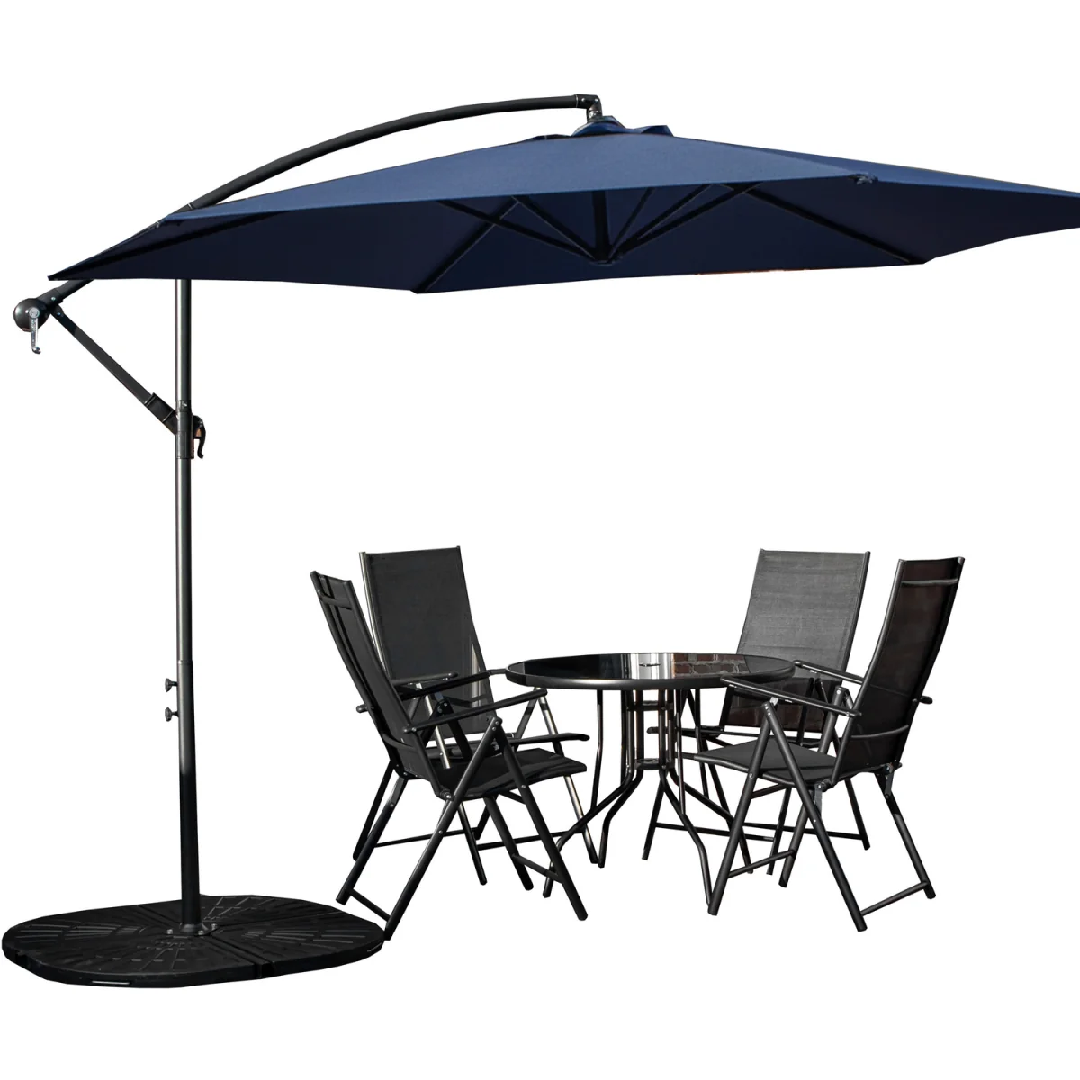 Outdoor 4 Person Round Glass Top Garden Dining Table Chairs With Blue Banana Parasol and Base Set - Black – image 11