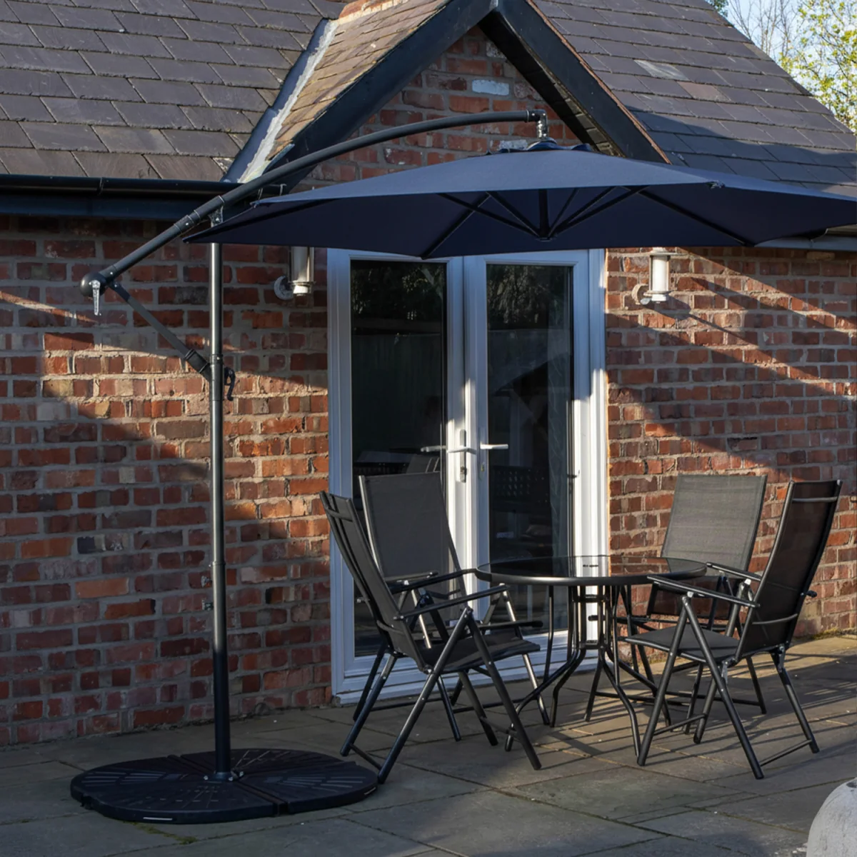 Outdoor 4 Person Round Glass Top Garden Dining Table Chairs With Blue Banana Parasol and Base Set - Black – image 8