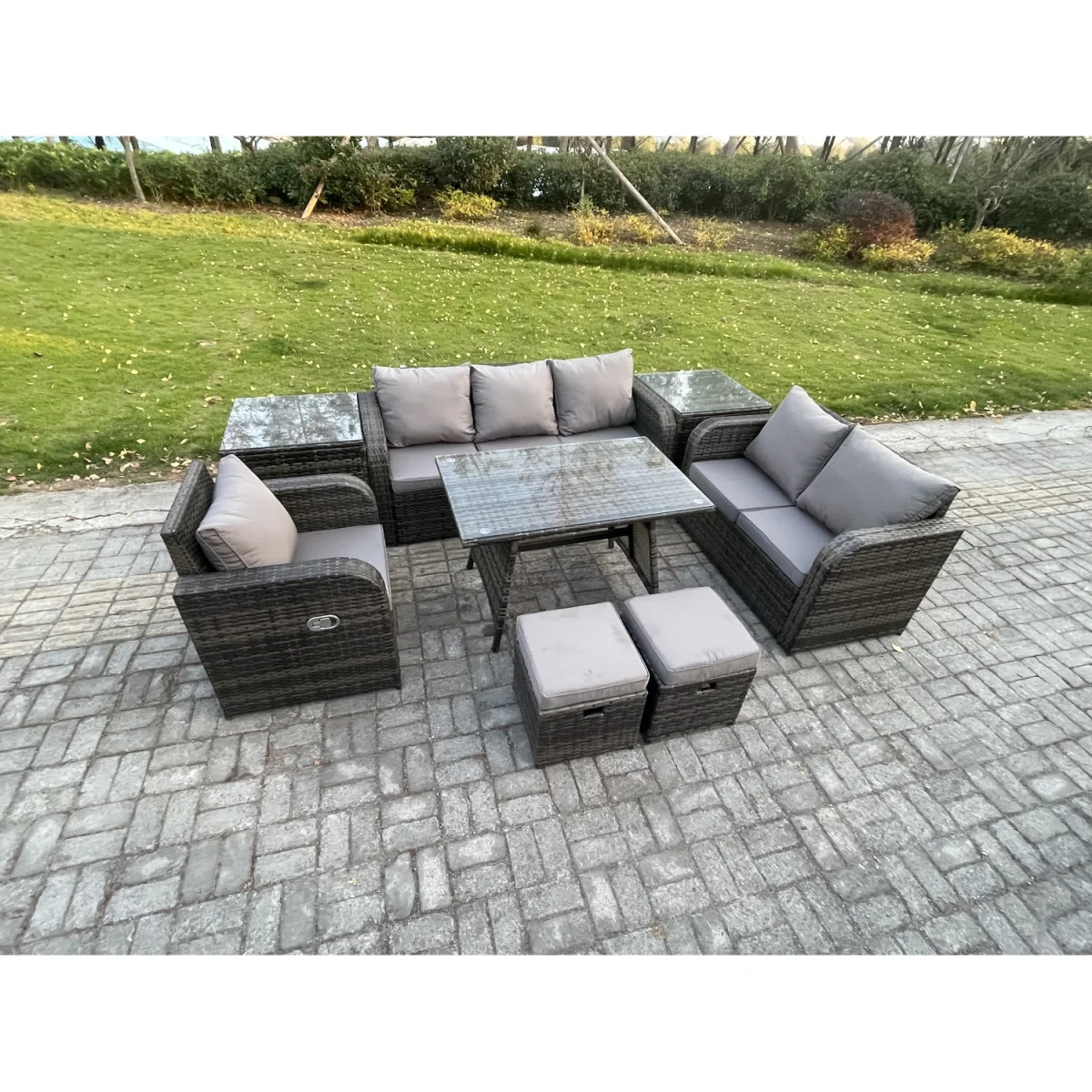 Fimous 8-Piece PE Rattan Outdoor Lounge & Dining Set, Dark Grey Mixed. - Dark grey mixed rattan with dark grey fabric – image 4