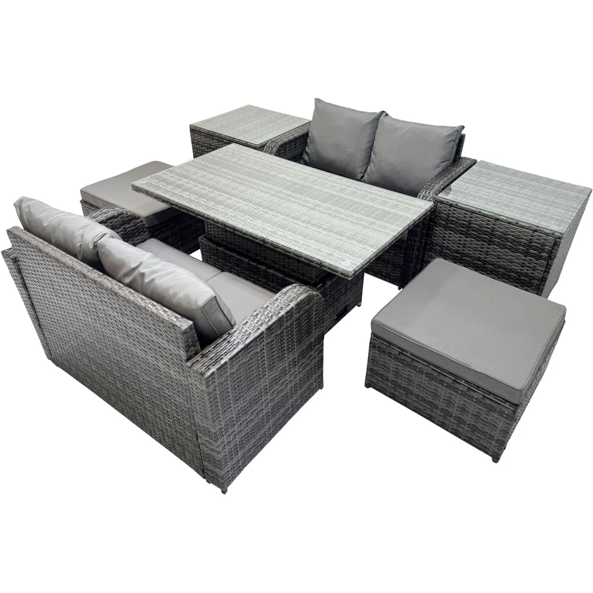 Fimous 6-Seater Dark Grey Mixed Rattan Garden Dining Set with Adjustable Rising Table. - Dark Grey Mixed rattan with dark grey fabric – image 5