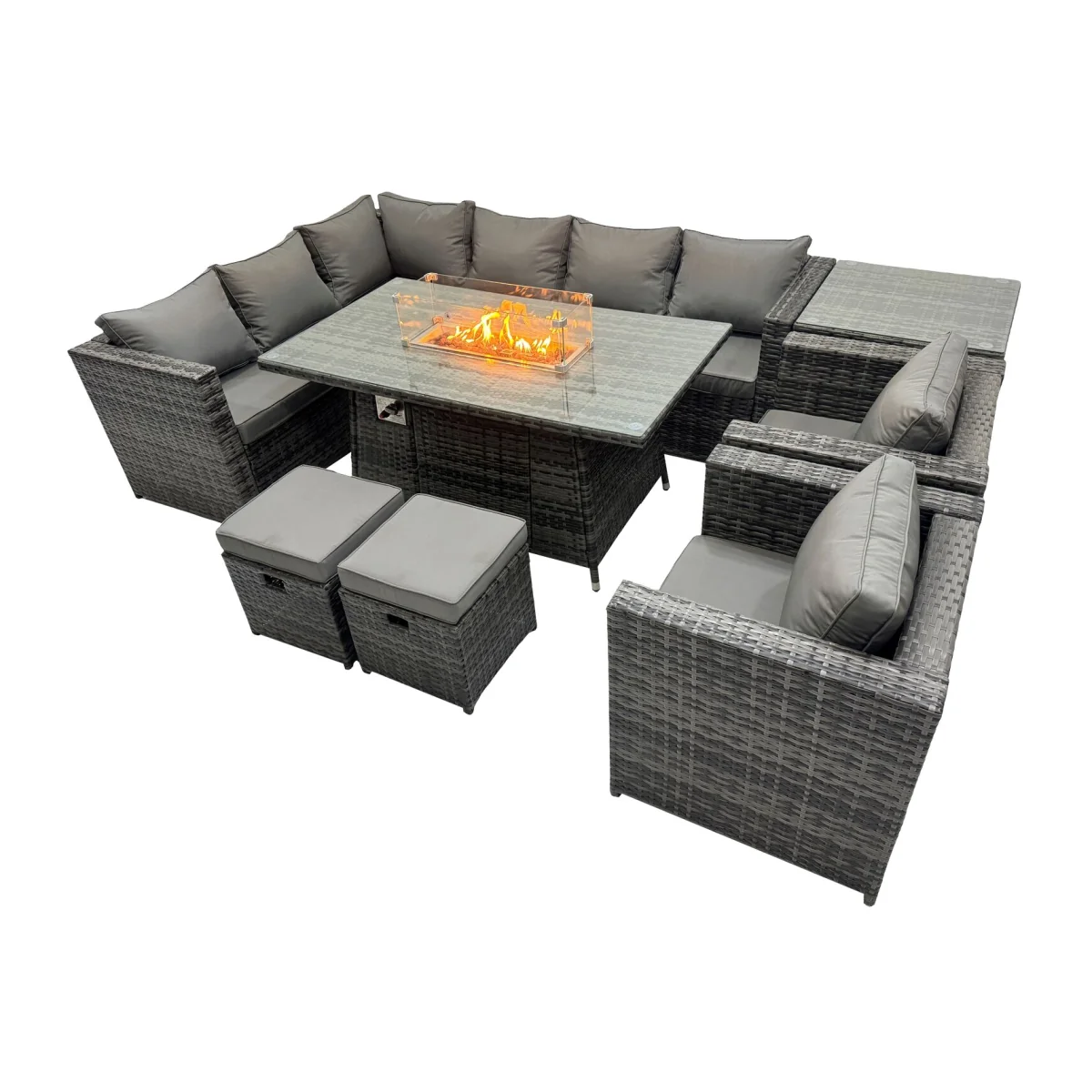Fimous Rattan 10-Seater Garden Dining Set with Gas Firepit Table, Dark Grey Mixed. - Dark grey mixed rattan with dark grey fabric – image 1