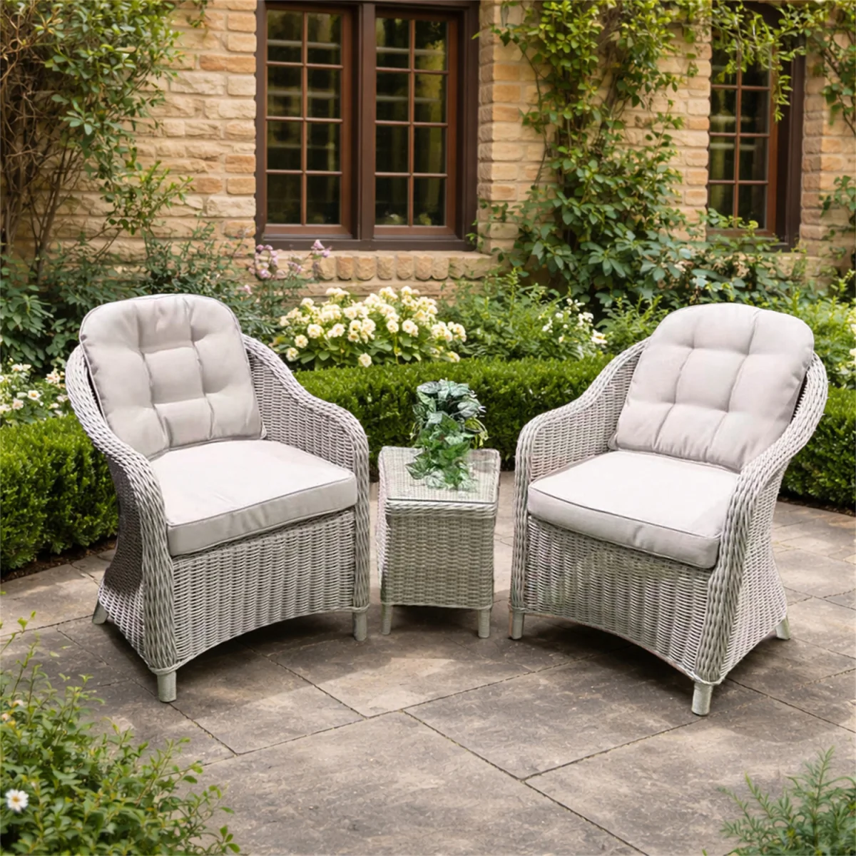 Abrihome Garden Rattan Bistro Set, 2 Seats with Side Table, Grey - Grey – image 2