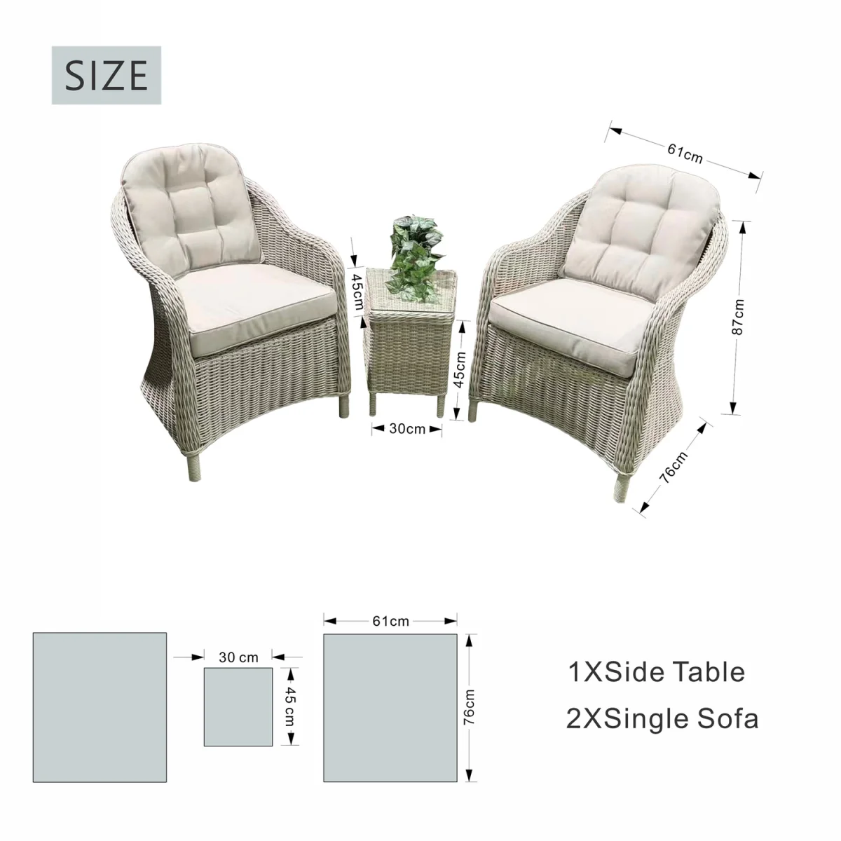 Abrihome Garden Rattan Bistro Set, 2 Seats with Side Table, Grey - Grey – image 5