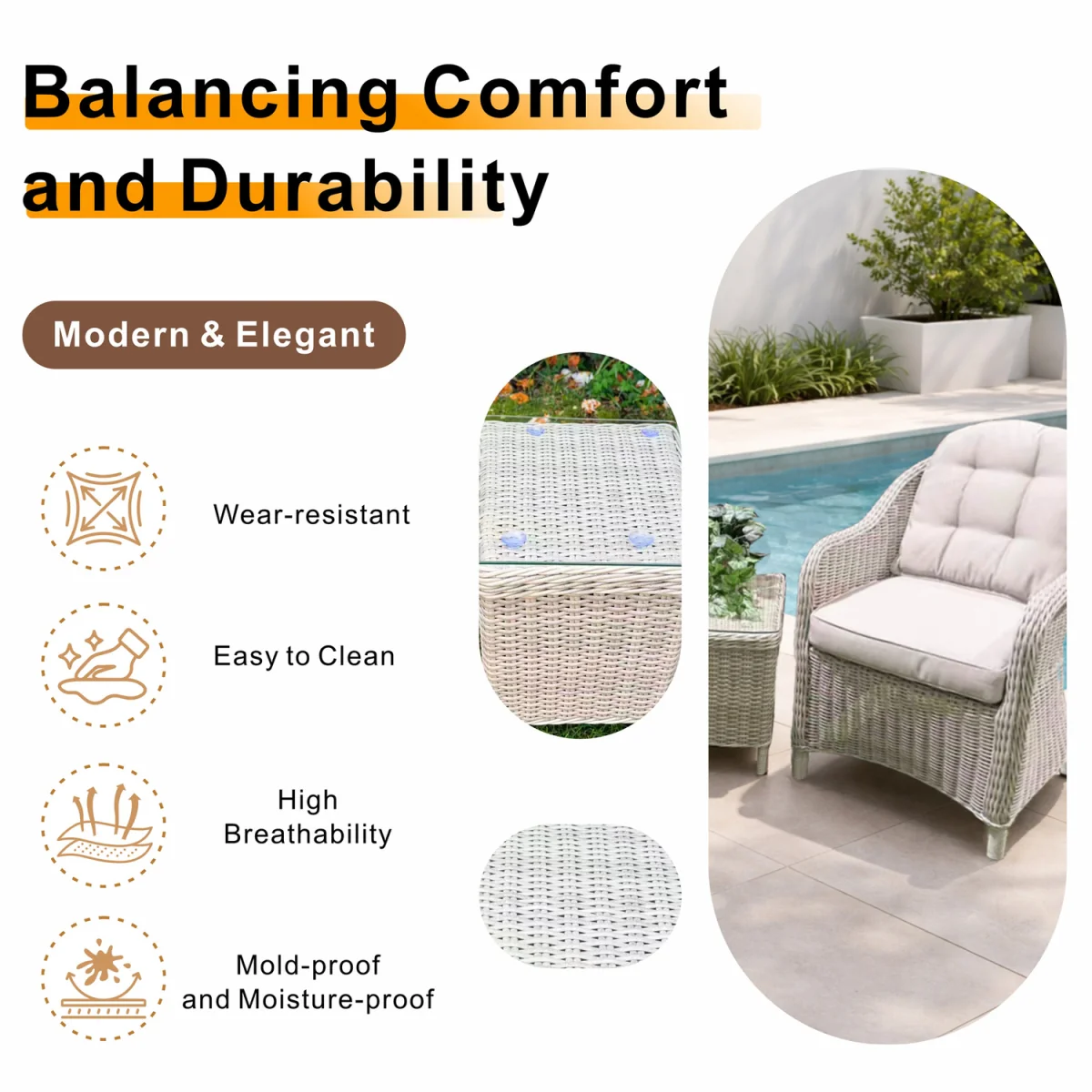 Abrihome Garden Rattan Bistro Set, 2 Seats with Side Table, Grey - Grey – image 6