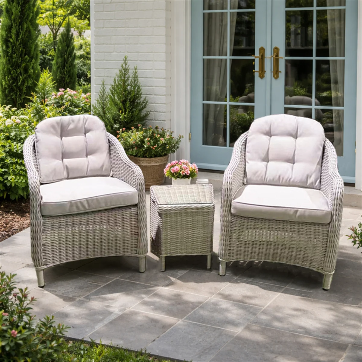 Abrihome Garden Rattan Bistro Set, 2 Seats with Side Table, Grey - Grey – image 10