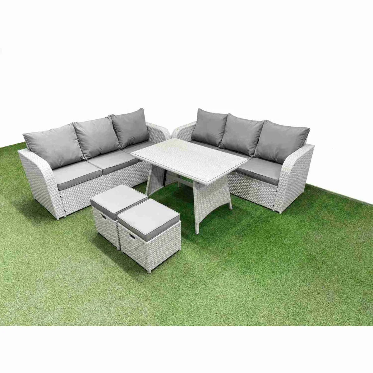 Fimous Patio Dining & Lounge Set, 7-Seater Light Grey PE Rattan with 5mm Tempered Glass Table. - Light grey rattan + dark grey fabric – image 1