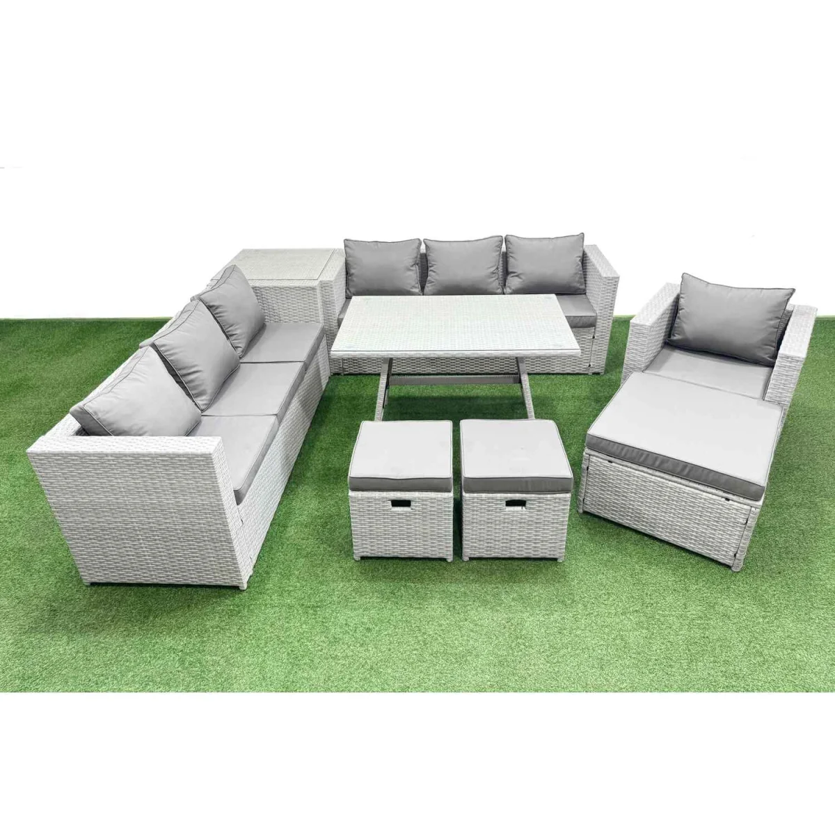 Fimous Outdoor 10-Seater PE Rattan Garden Furniture Set with Rectangular Table. - Light grey rattan + dark grey fabric – image 1
