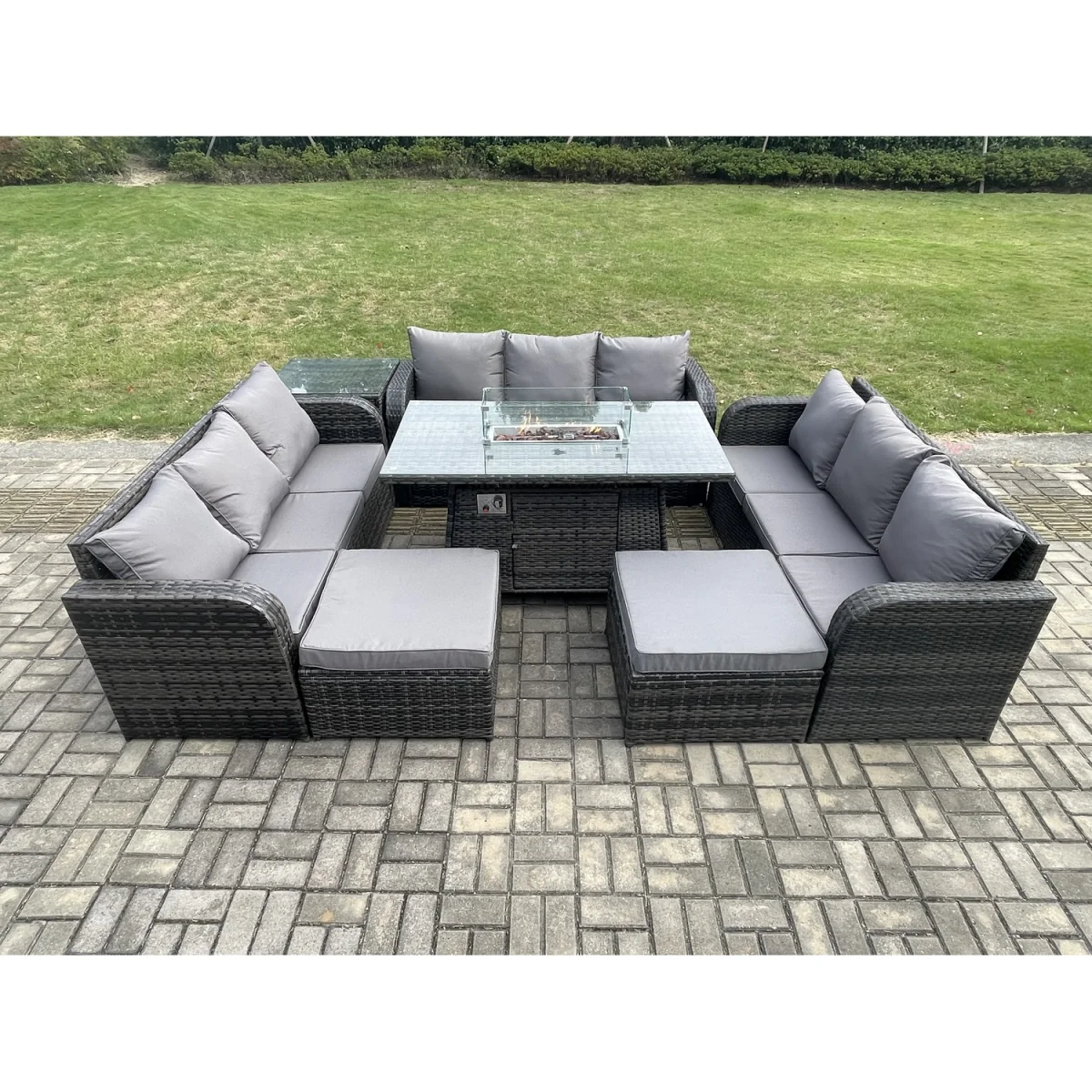 Fimous Outdoor Rattan Dining Set with Gas Fire Pit, 3×3-Seater Sofas, Side Table & 2 Footstools. - Dark Grey – image 2