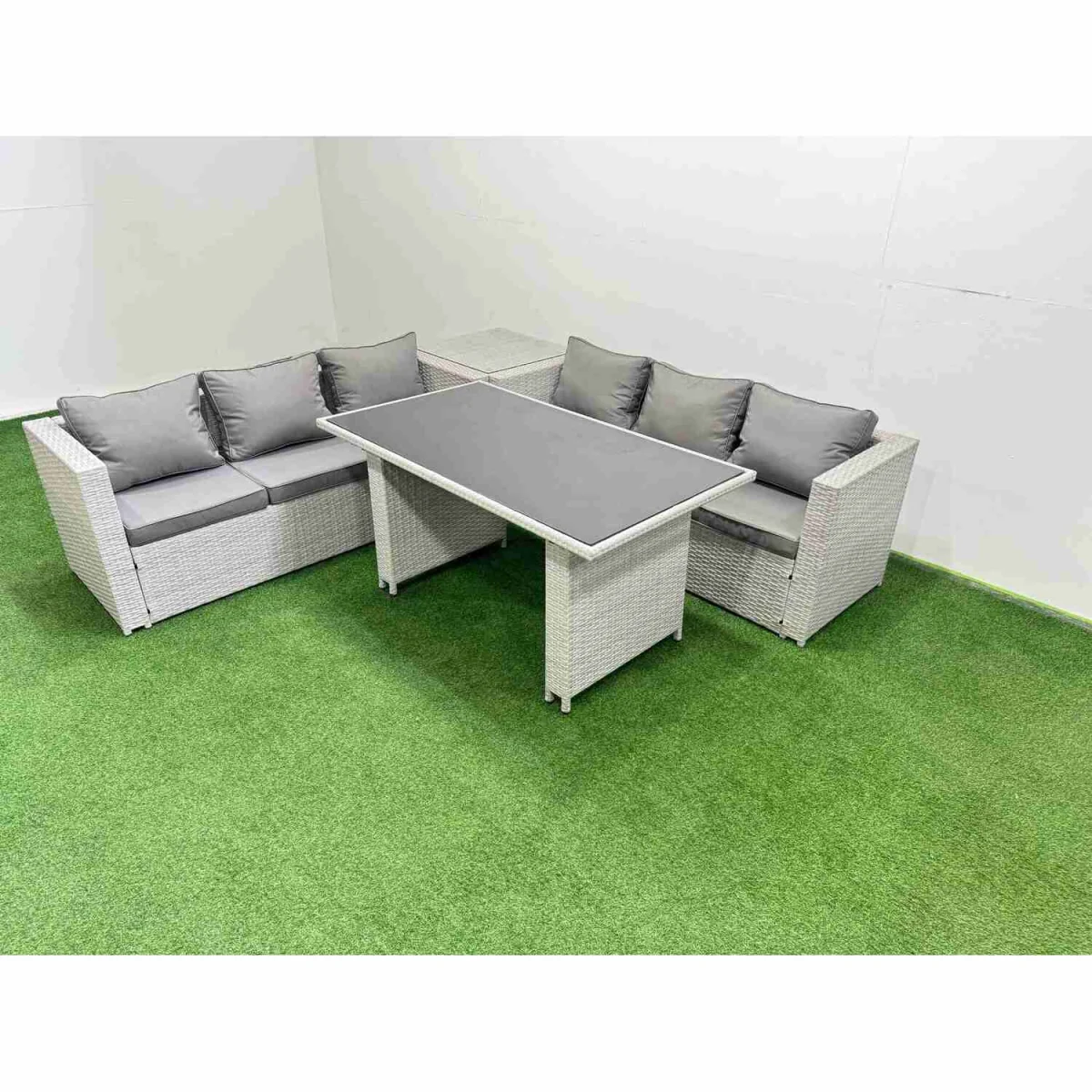 Fimous 6-Seater Rattan Garden Dining Set with Rectangular Table and Side Table, Light Grey. - Light Grey Mixed – image 5