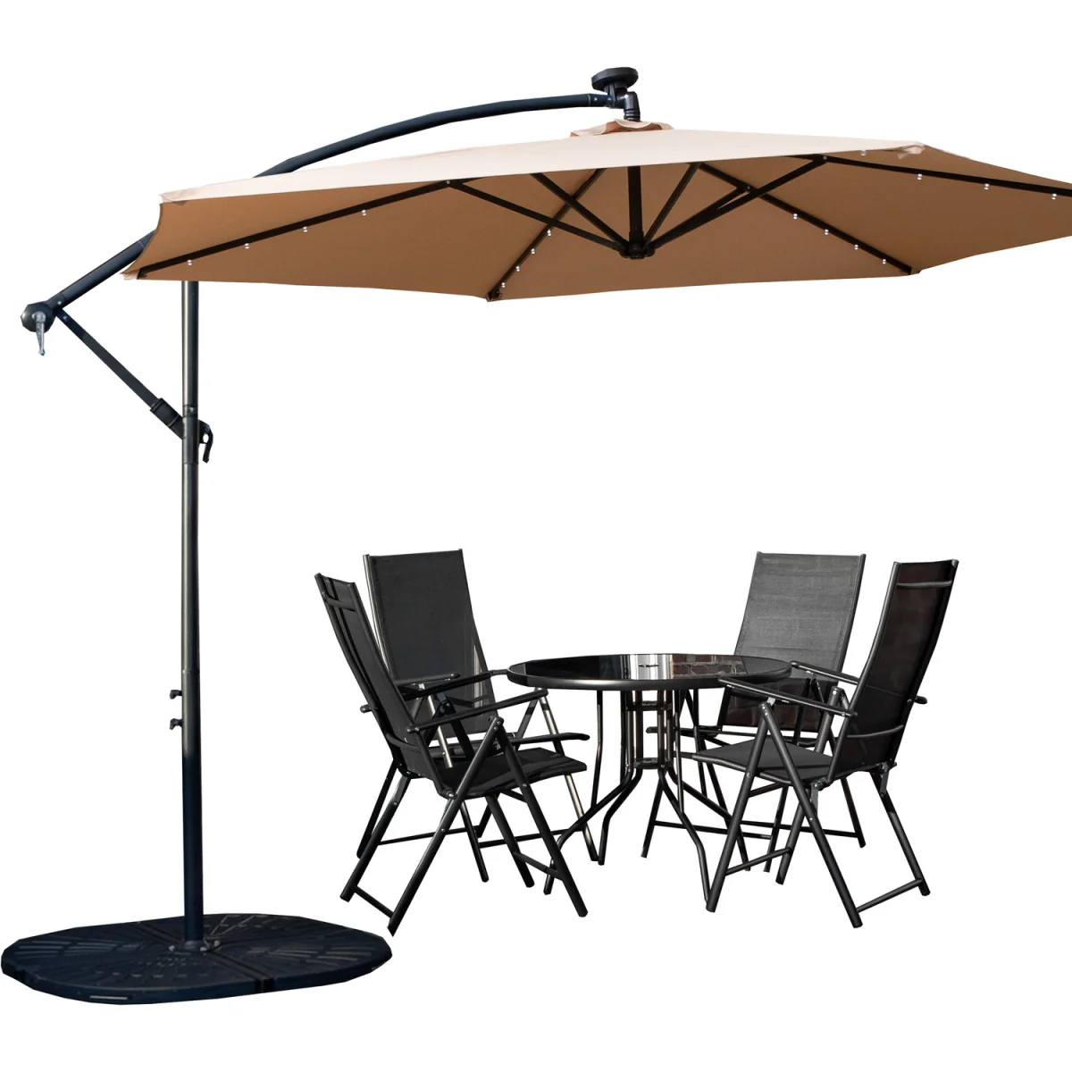 4 Person Round Glass Top Garden Dining Table Chairs With Beige Banana Lit Parasol and Base Set - Black – image 12
