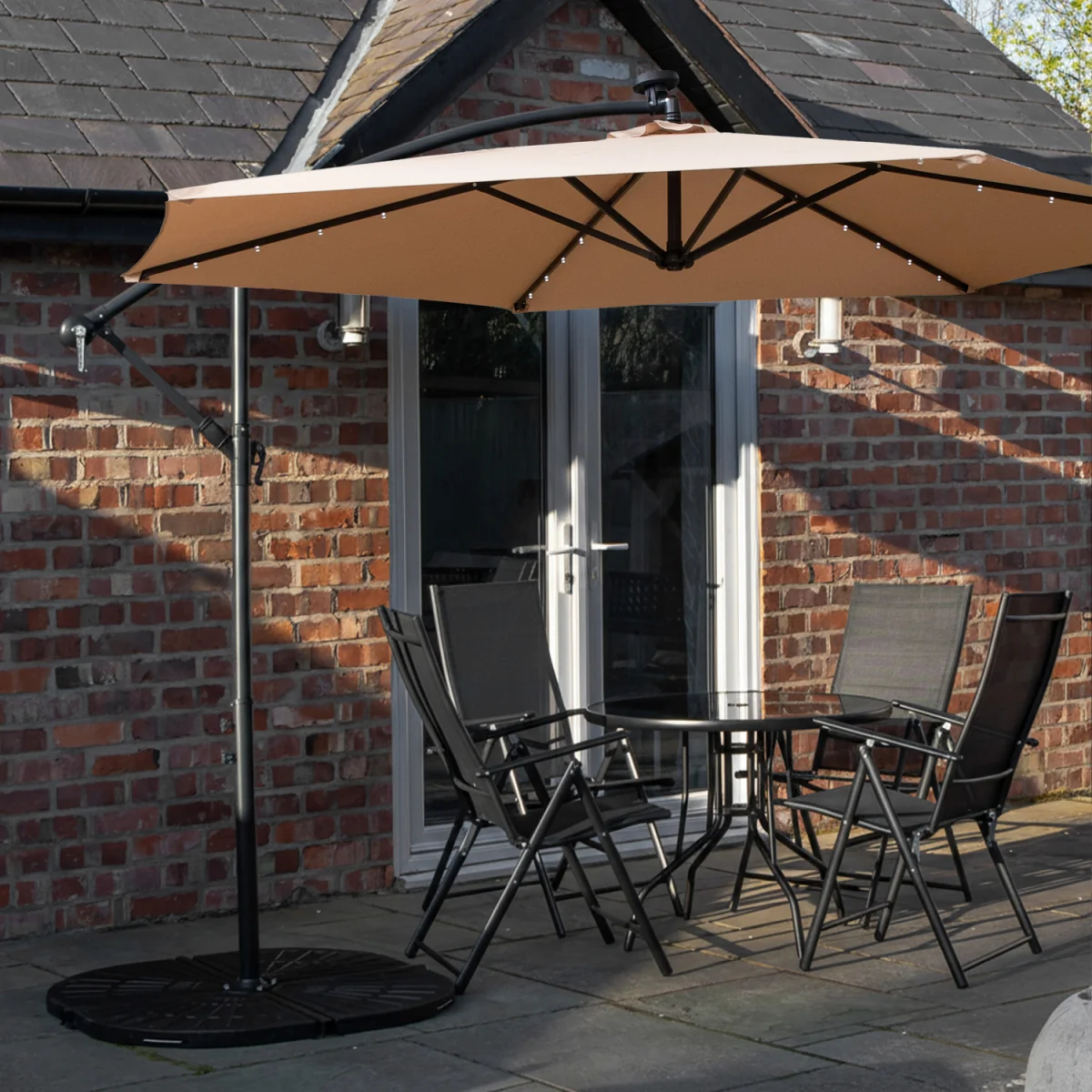4 Person Round Glass Top Garden Dining Table Chairs With Beige Banana Lit Parasol and Base Set - Black – image 7