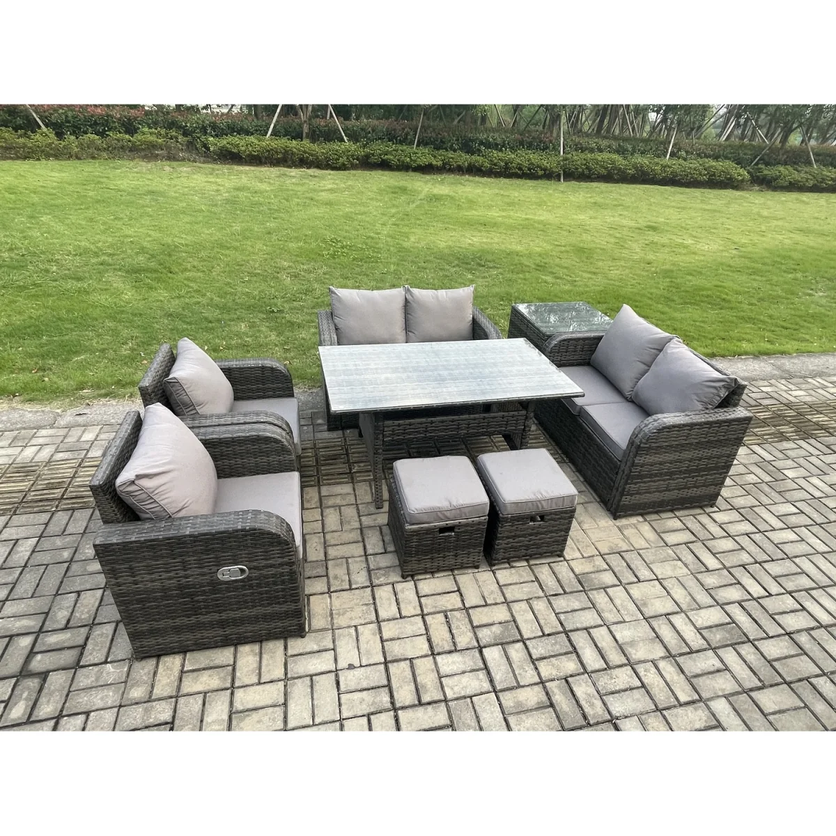 Fimous 8 Seat PE Rattan Outdoor Dining Set with Tempered Glass Table, Dark Grey - Dark Grey Mixed – image 4