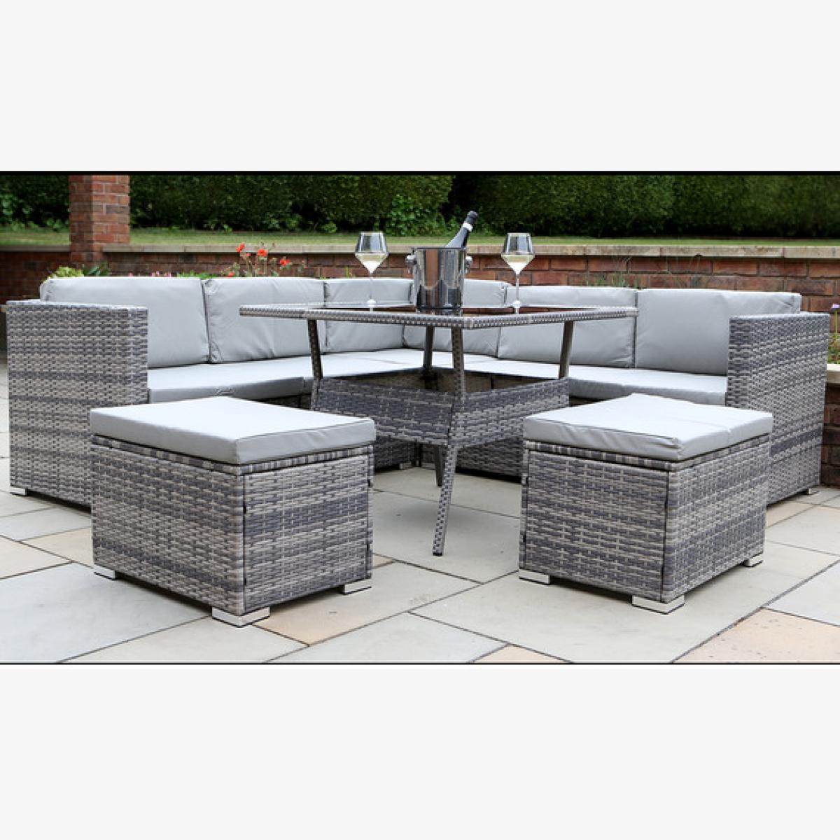 Rattan Corner Seven Seater Dining Garden Furniture Patio Set - Grey