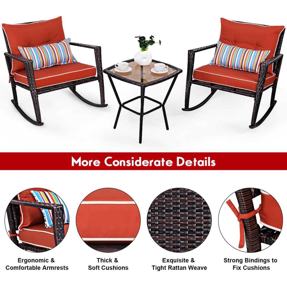 3 Piece Patio Rattan Wicker Rocking Bistro Set - Red – image 2
