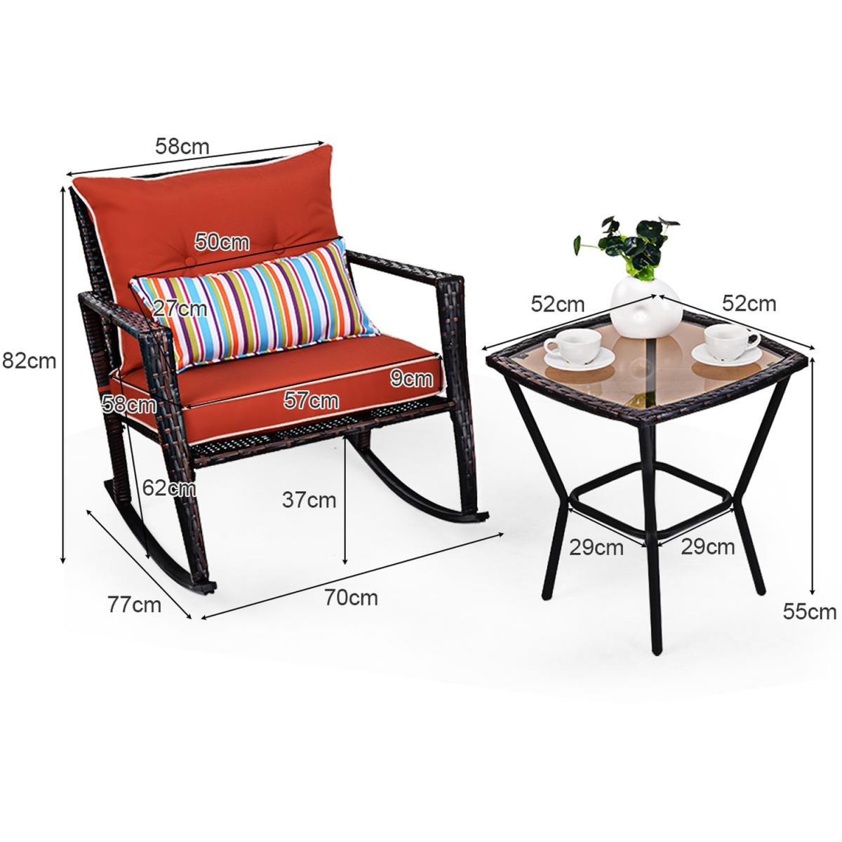 3 Piece Patio Rattan Wicker Rocking Bistro Set - Red – image 3
