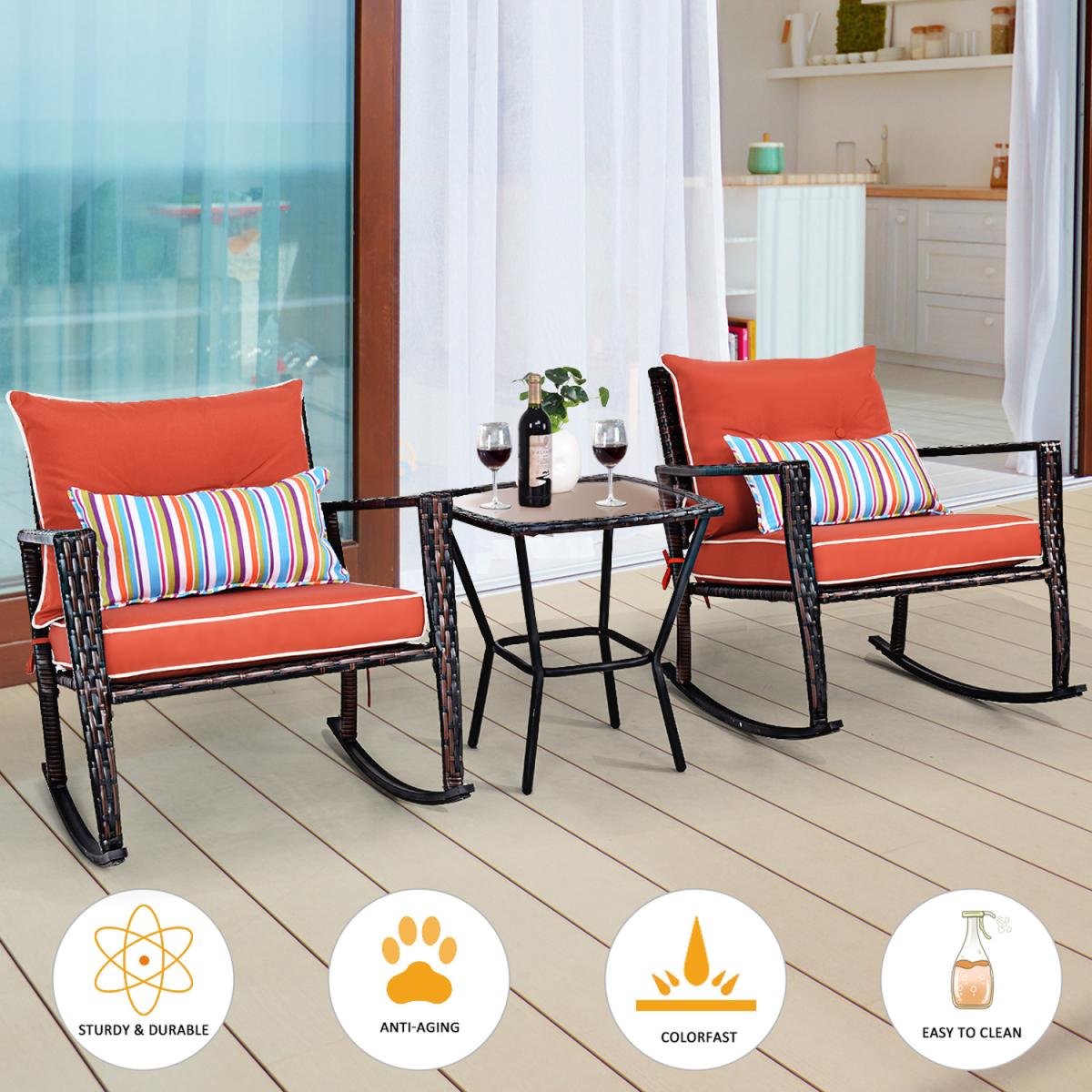 3 Piece Patio Rattan Wicker Rocking Bistro Set - Red – image 4