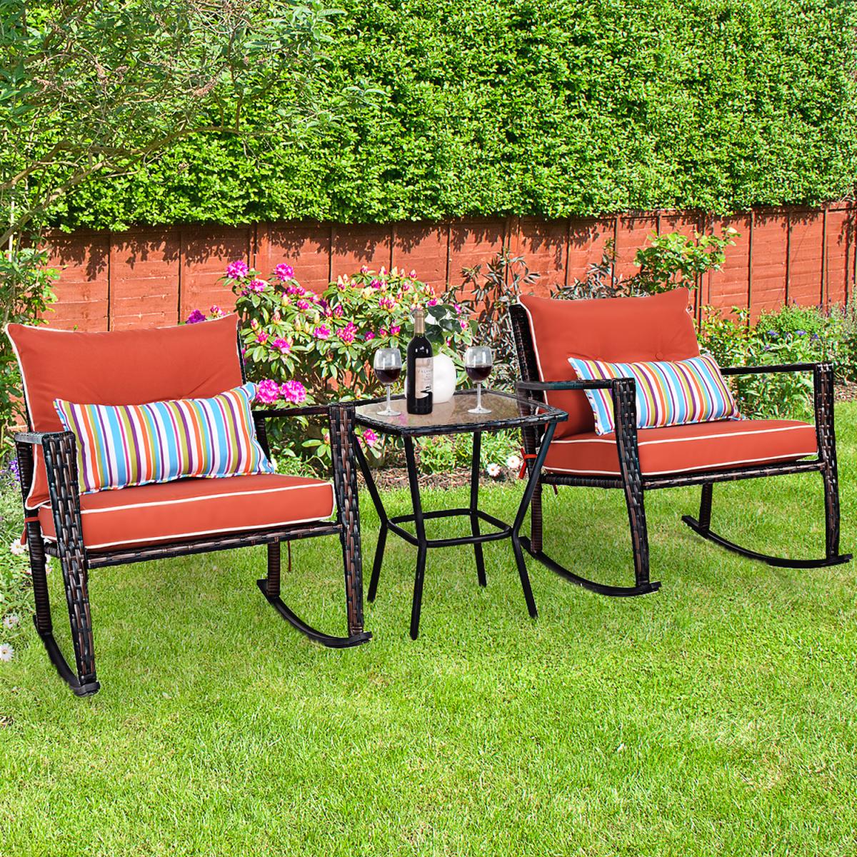 3 Piece Patio Rattan Wicker Rocking Bistro Set - Red – image 6