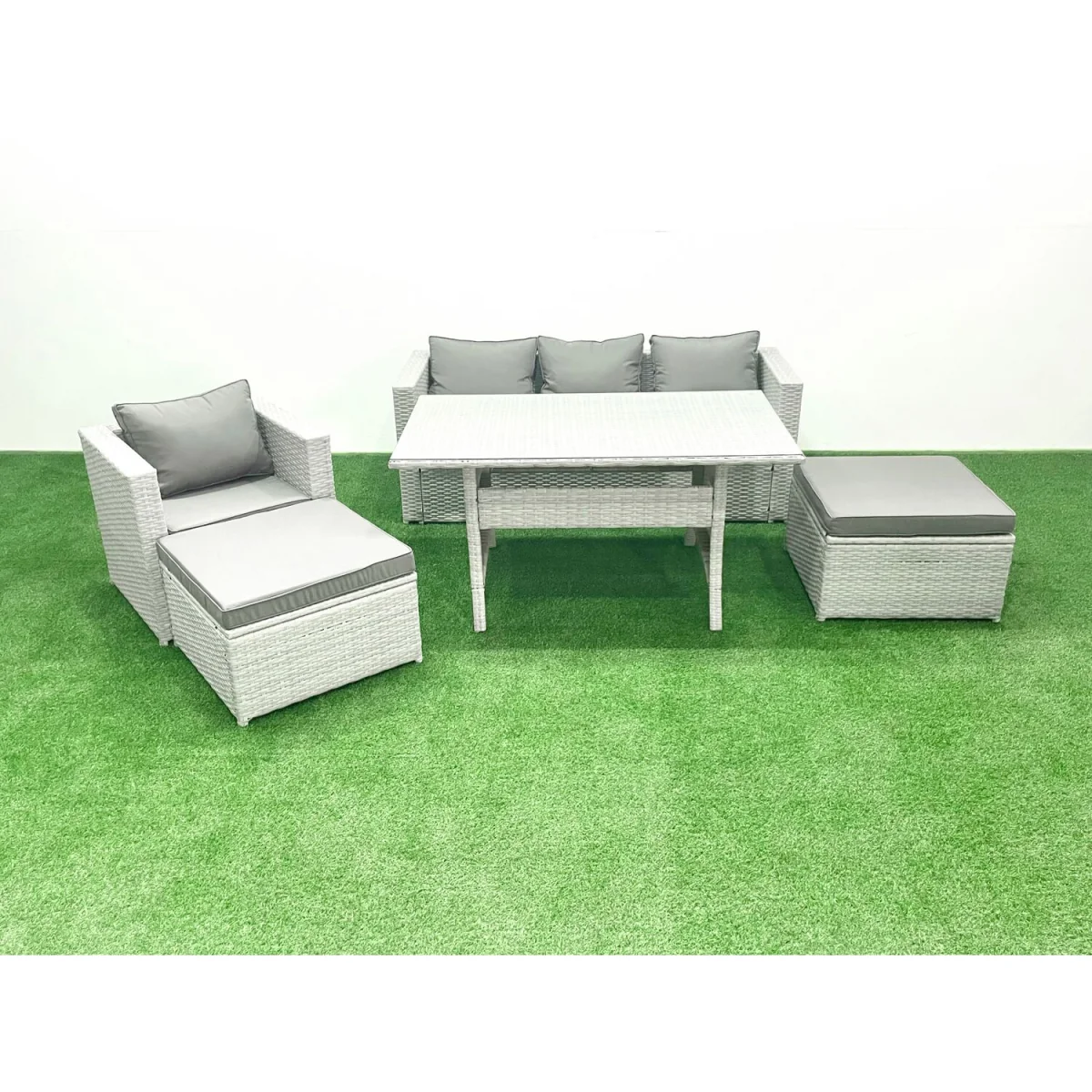 Fimous Rattan Outdoor 6-Seater Patio Dining Set Light Grey Mixed - Light grey mixed rattan with dark grey fabric – image 5