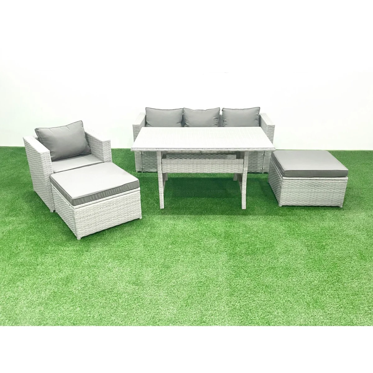 Fimous Rattan Outdoor 6-Seater Patio Dining Set Light Grey Mixed - Light grey mixed rattan with dark grey fabric – image 1