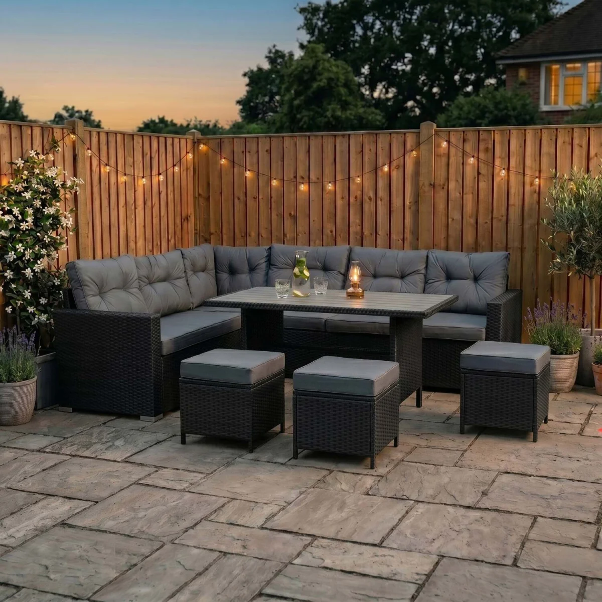 Rattan Corner Dining Set Outdoor Garden Furniture Black 9 Seater with Composite Table - Black – image 4