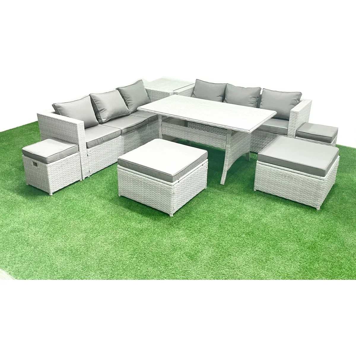 Fimous 10-Seater Rattan Garden Furniture Set with Tempered Glass Dining Table, Light Grey Mixed. - Light Grey Mixed – image 5