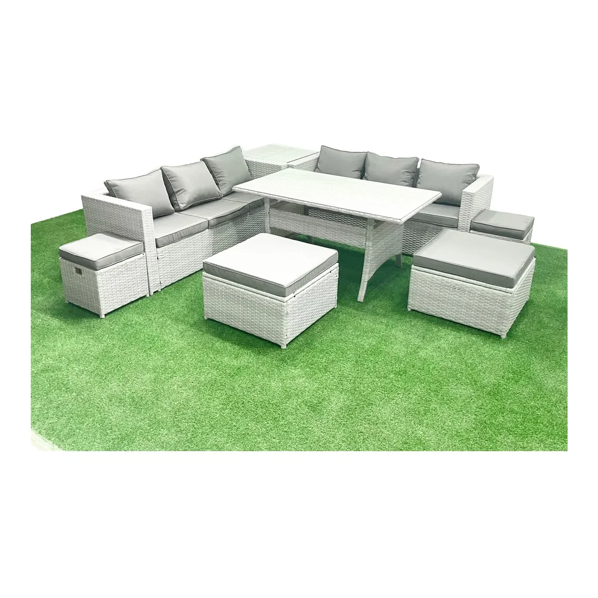 Fimous 10-Seater Rattan Garden Furniture Set with Tempered Glass Dining Table, Light Grey Mixed. - Light Grey Mixed – image 1