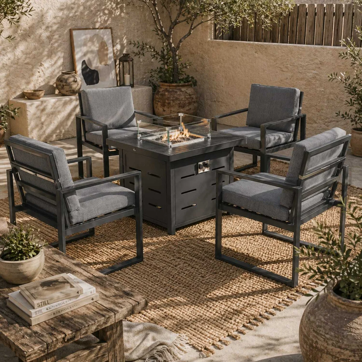 Mira 4-Seater Grey Aluminium Garden Dining Set with Gas Fire Pit Table – image 2