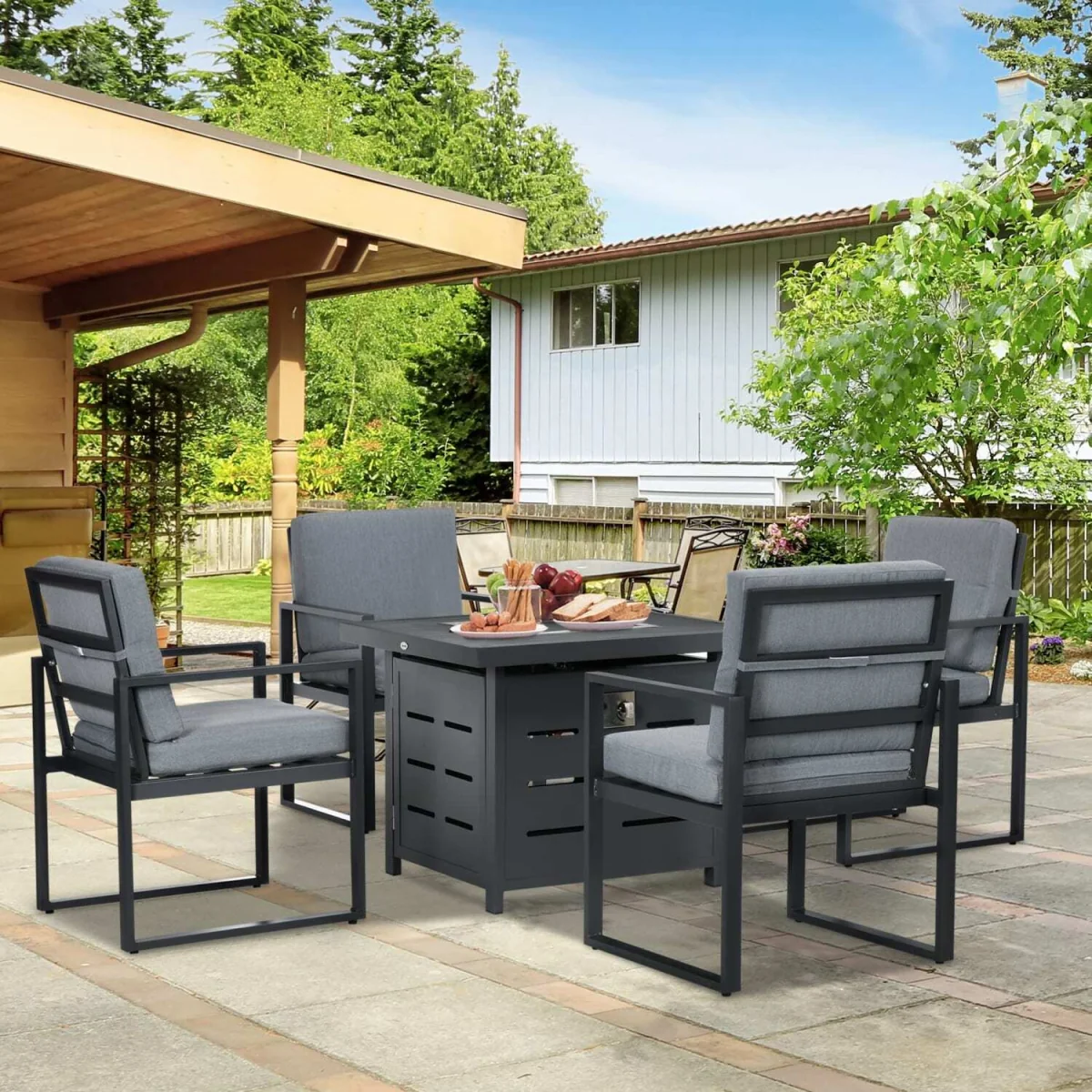 Mira 4-Seater Grey Aluminium Garden Dining Set with Gas Fire Pit Table – image 1