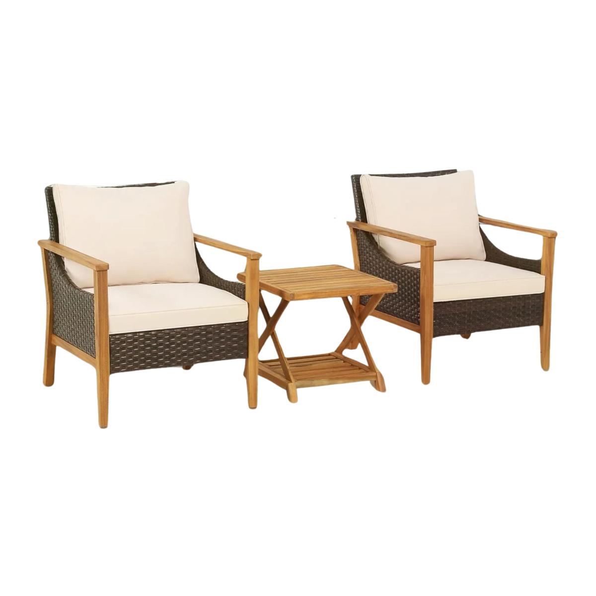 Set of 3 Bistro Wooden Table And Wicker Chairs - Natural