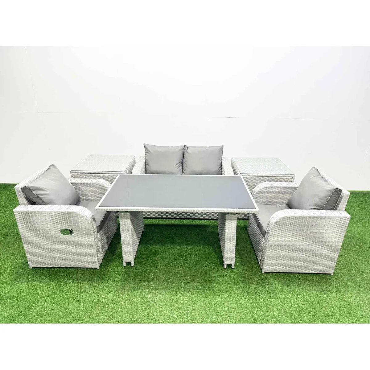 Fimous Outdoor PE Rattan 4-Seater Garden Dining Set with Recliners and Side Tables. - Light grey rattan + dark grey fabric – image 1
